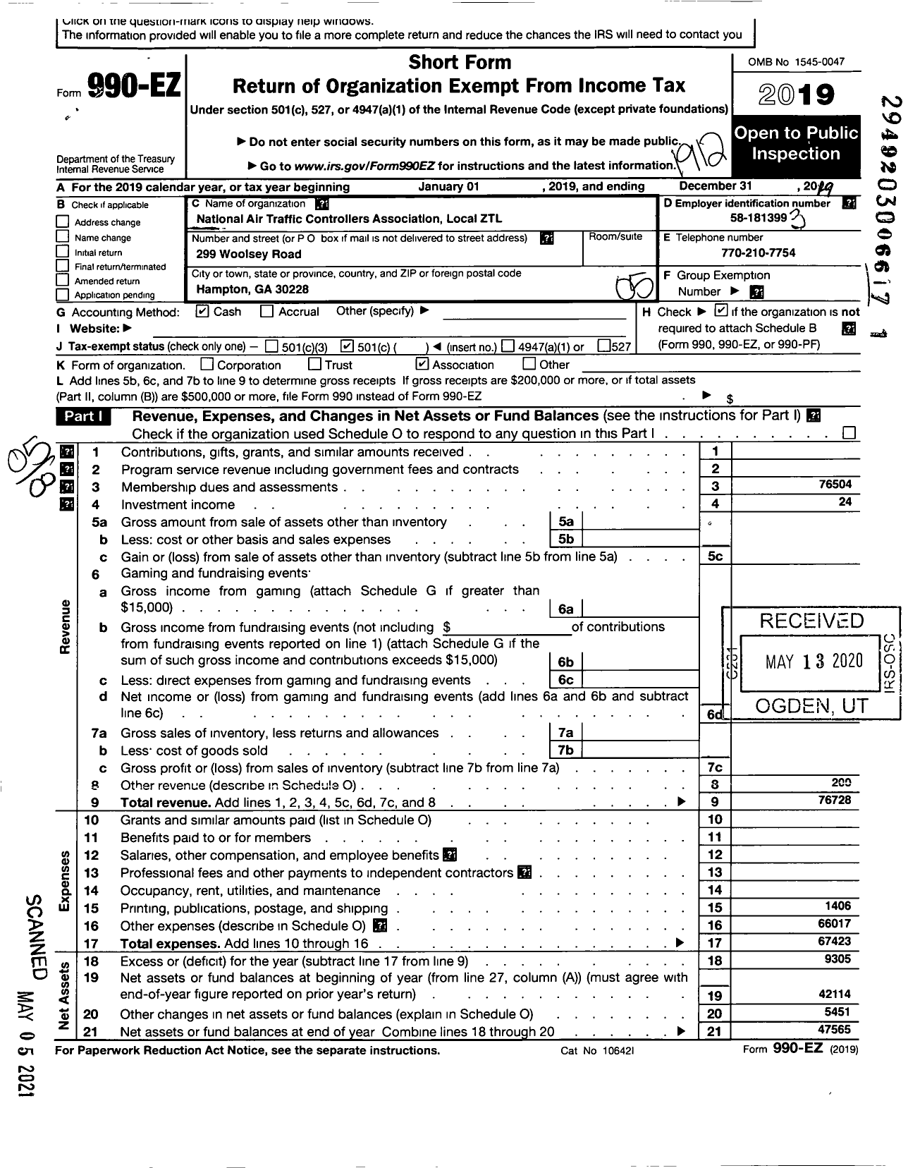 Image of first page of 2019 Form 990EO for NATIONAL AIR TRAFFIC CONTROLLERS ASSOCIATION / Natca Local ZTL