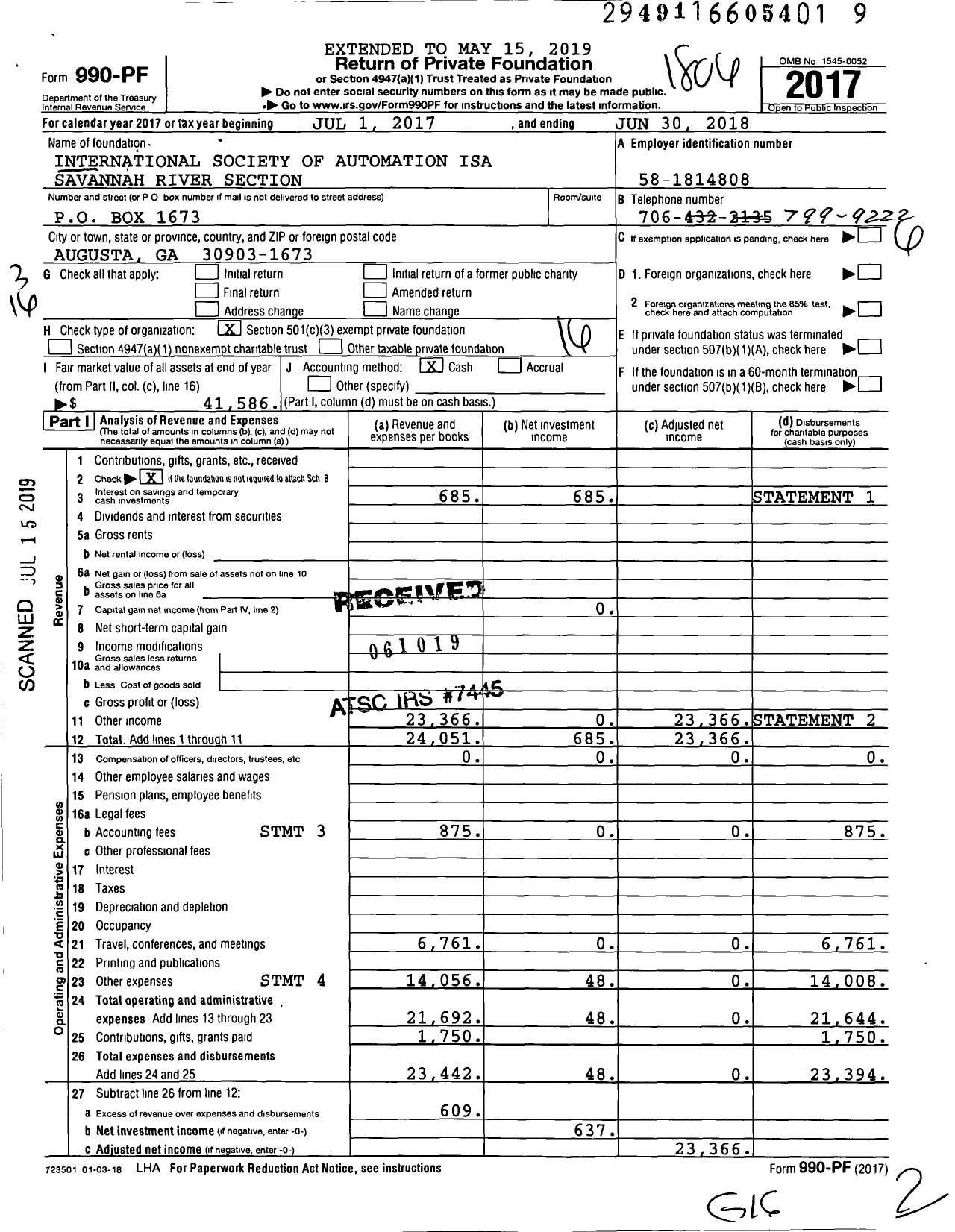 Image of first page of 2017 Form 990PF for International Society of Automation Isa Savannah River Section