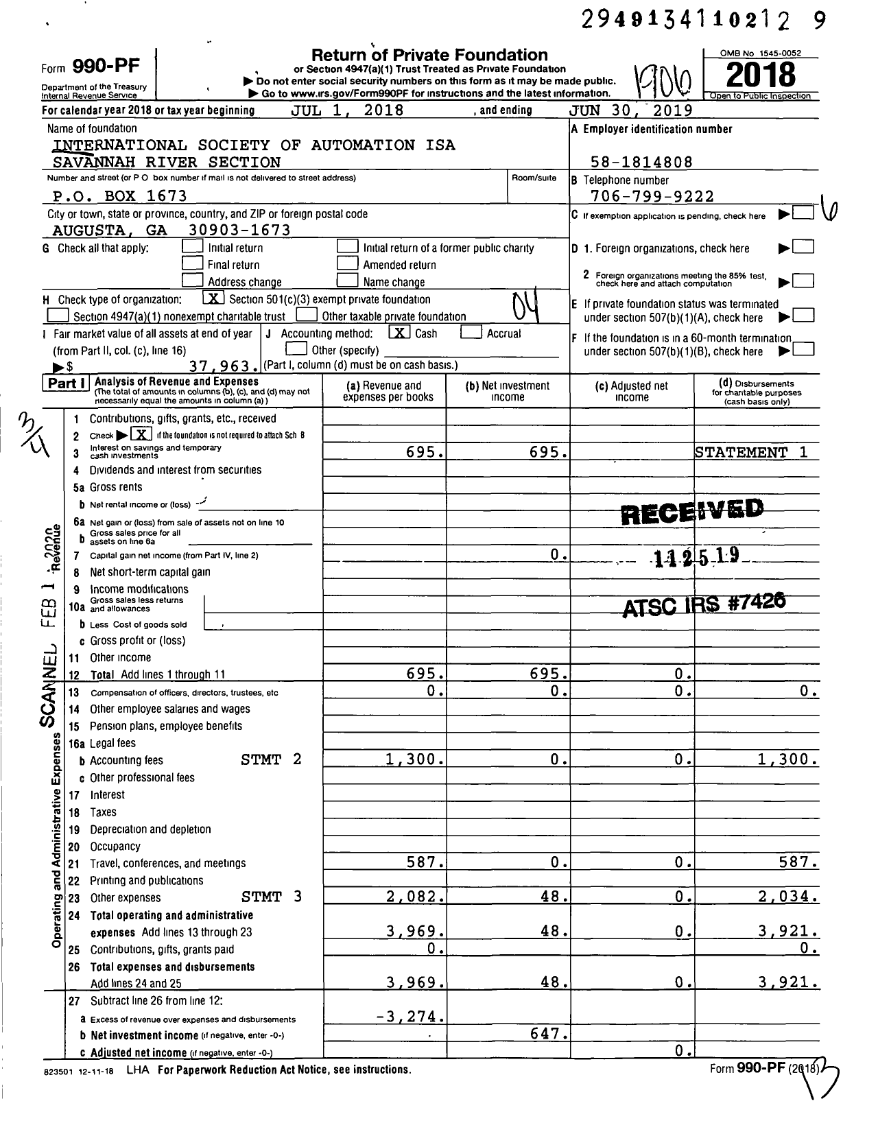 Image of first page of 2018 Form 990PF for International Society of Automation Isa Savannah River Section