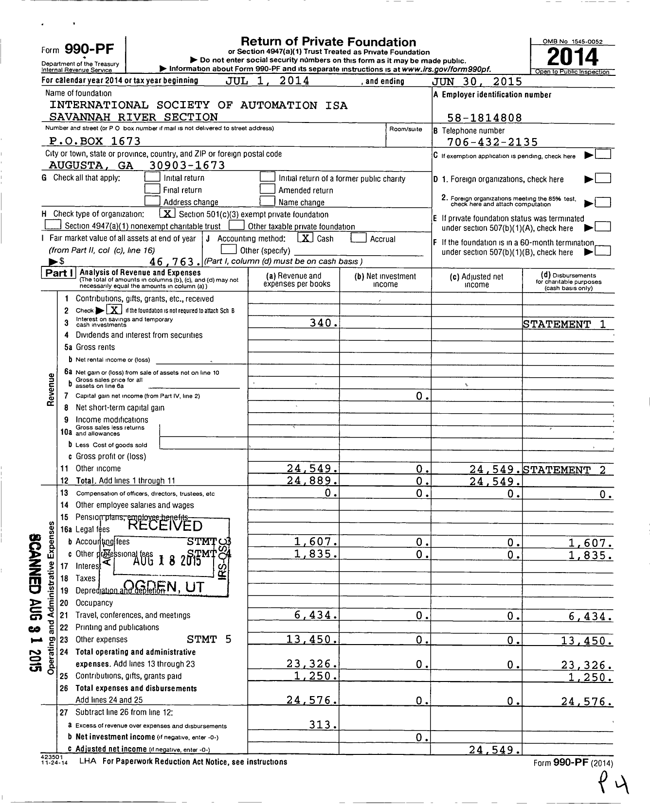 Image of first page of 2014 Form 990PF for International Society of Automation Isa Savannah River Section