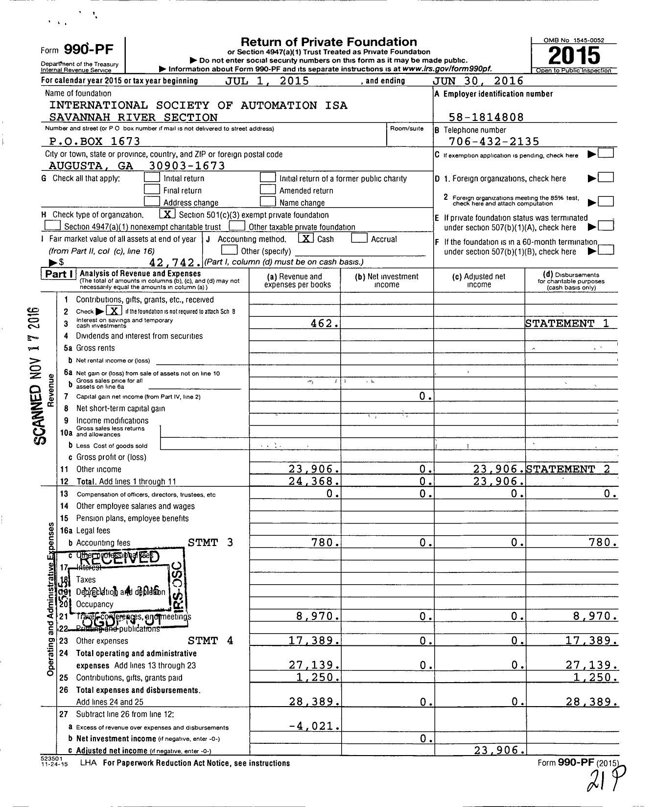 Image of first page of 2015 Form 990PF for International Society of Automation Isa Savannah River Section