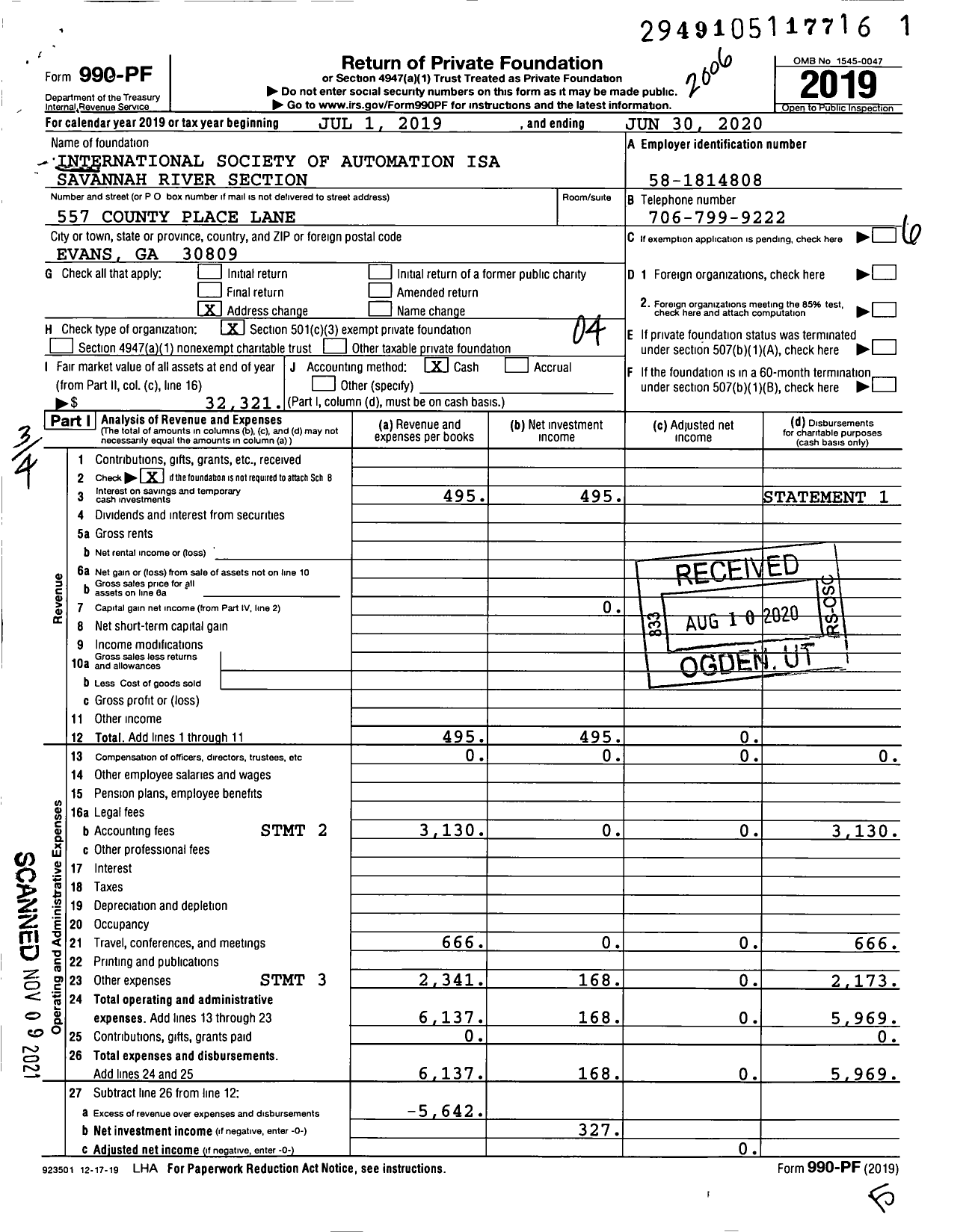 Image of first page of 2019 Form 990PF for International Society of Automation Isa Savannah River Section