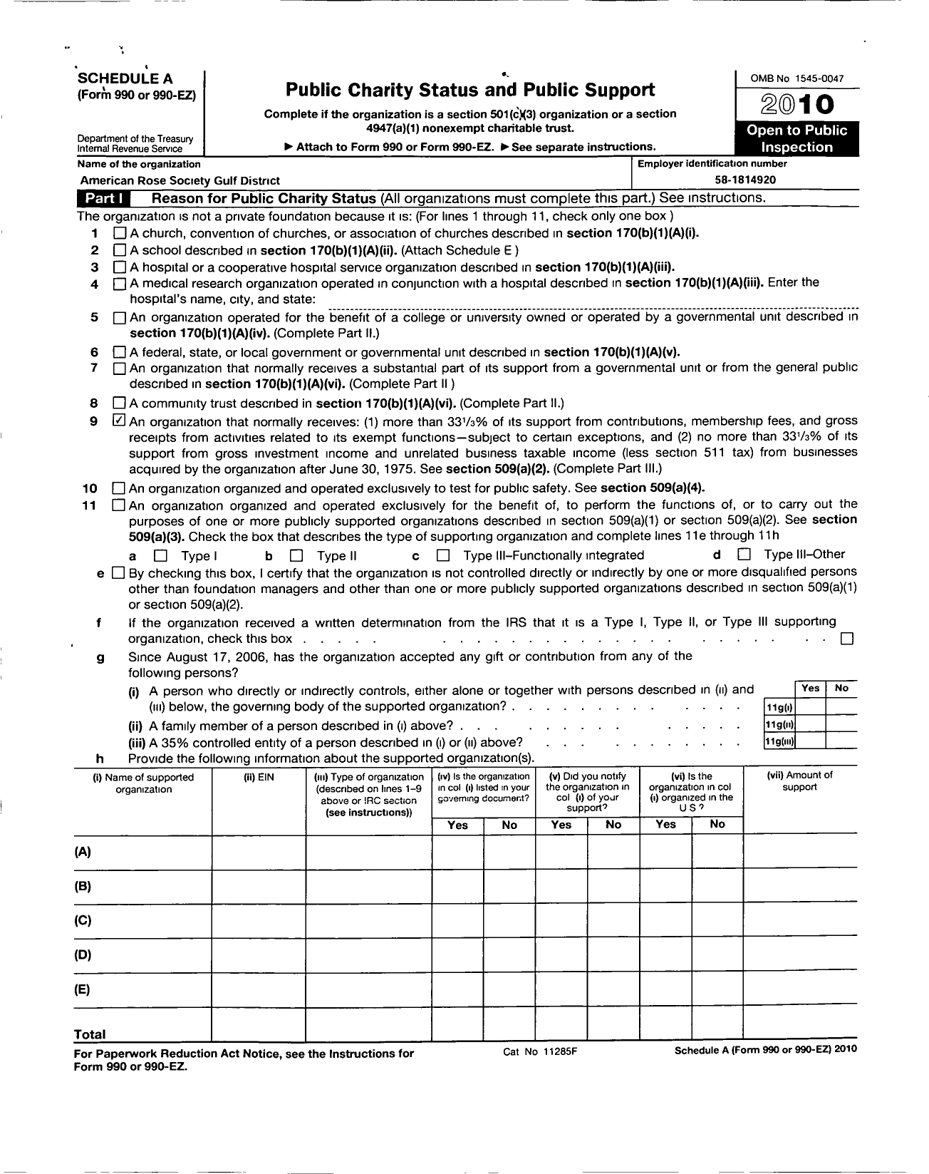 Image of first page of 2010 Form 990ER for American Rose Society / Gulf District