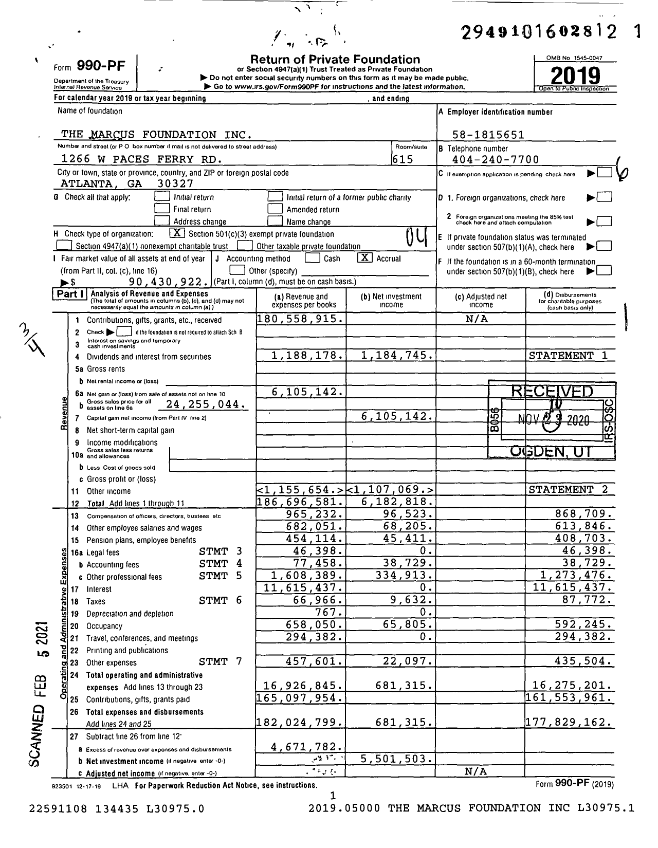 Image of first page of 2019 Form 990PF for Marcus Foundation