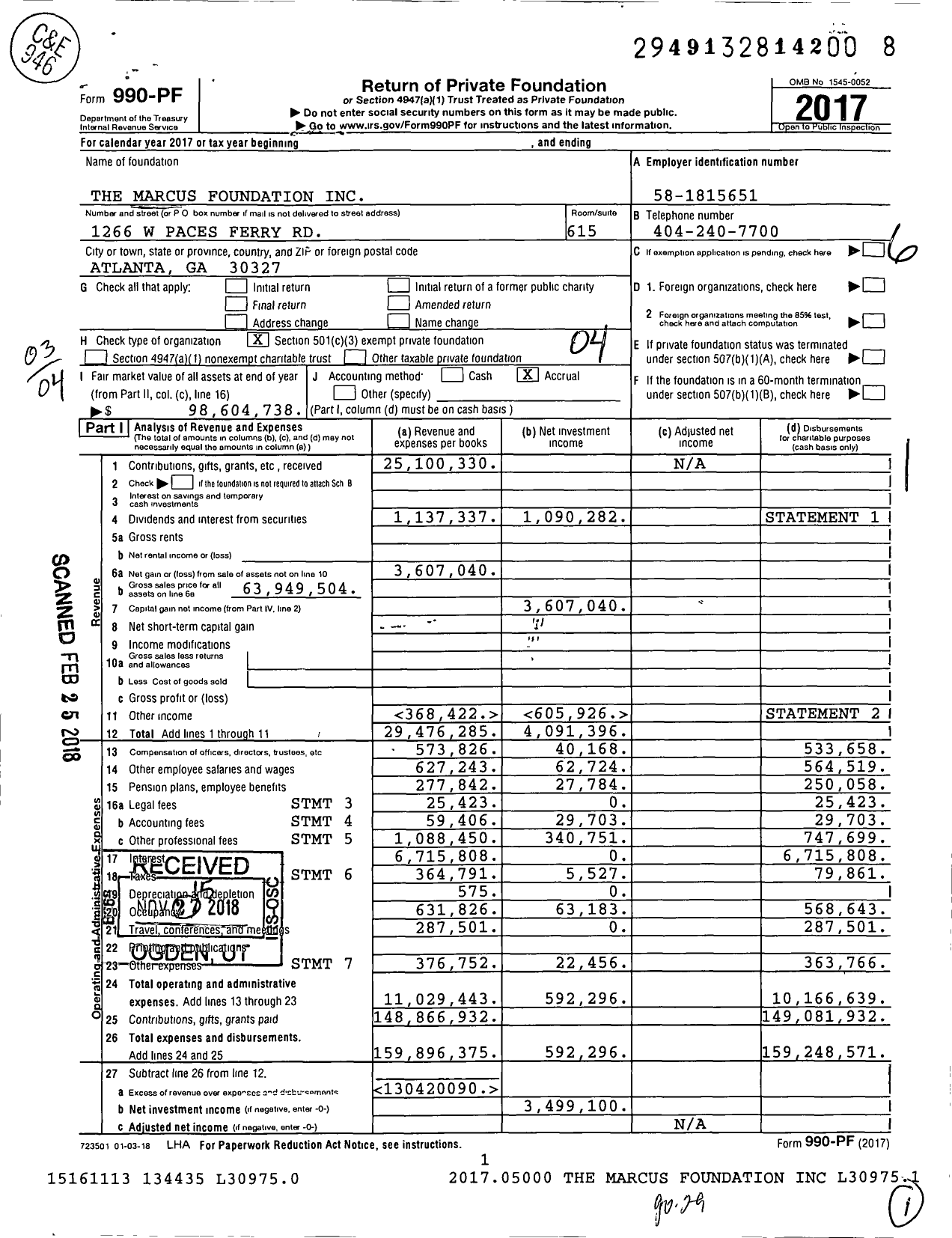 Image of first page of 2017 Form 990PF for Marcus Foundation