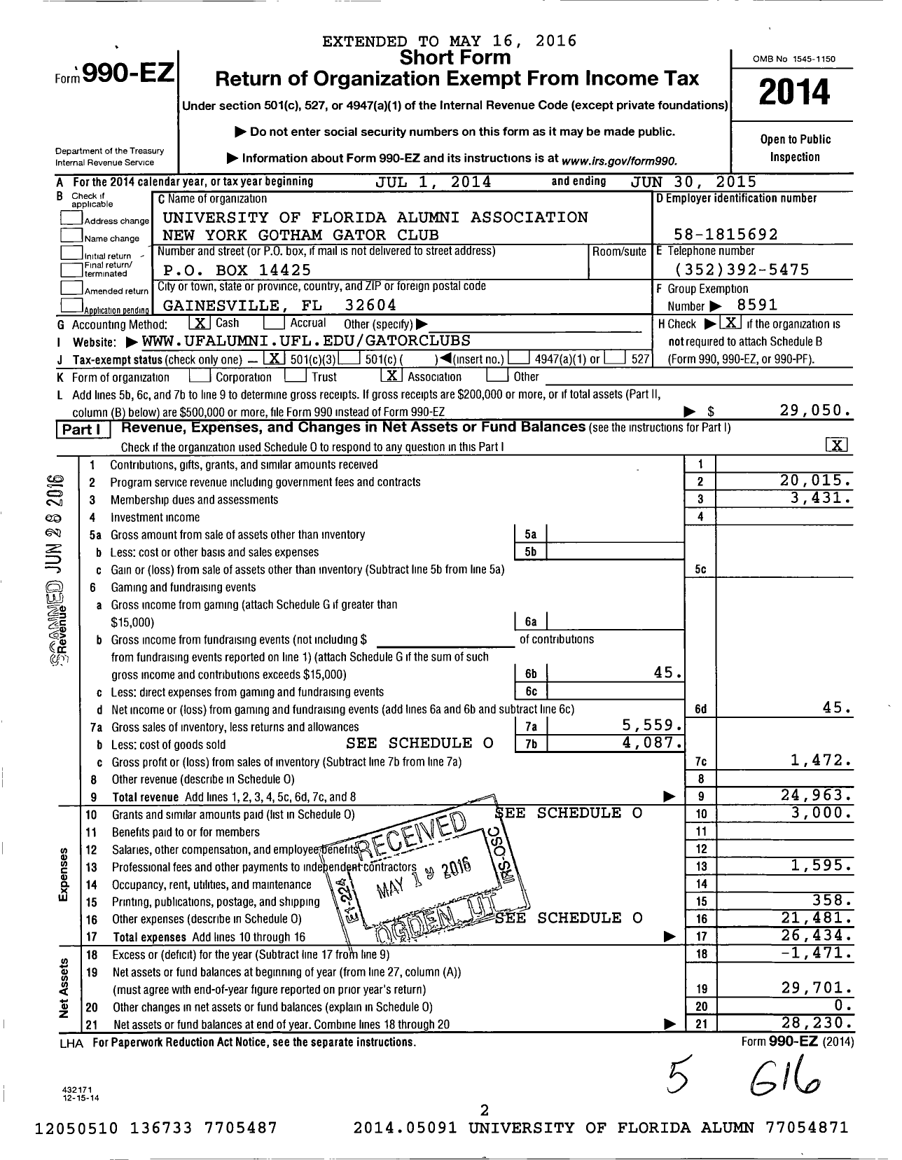 Image of first page of 2014 Form 990EZ for University of Florida Alumni Association / Gotham Gator Club