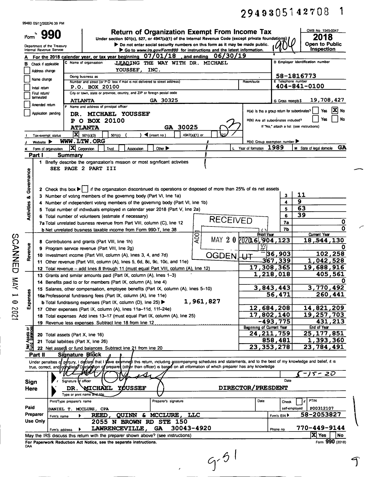 Image of first page of 2018 Form 990 for Leading The Way with Dr Michael Youssef