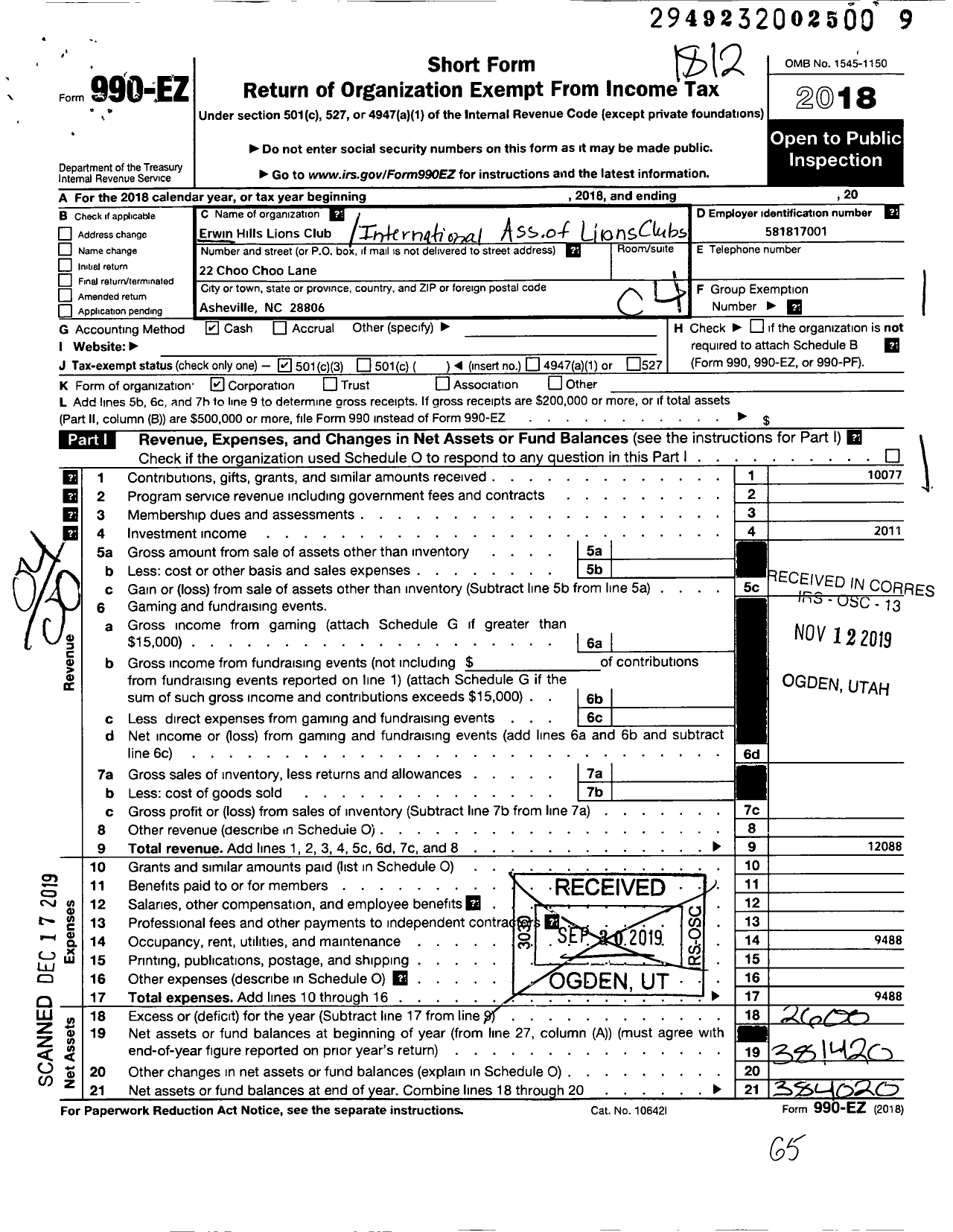 Image of first page of 2018 Form 990EO for Lions Clubs - 11325 Erwin District