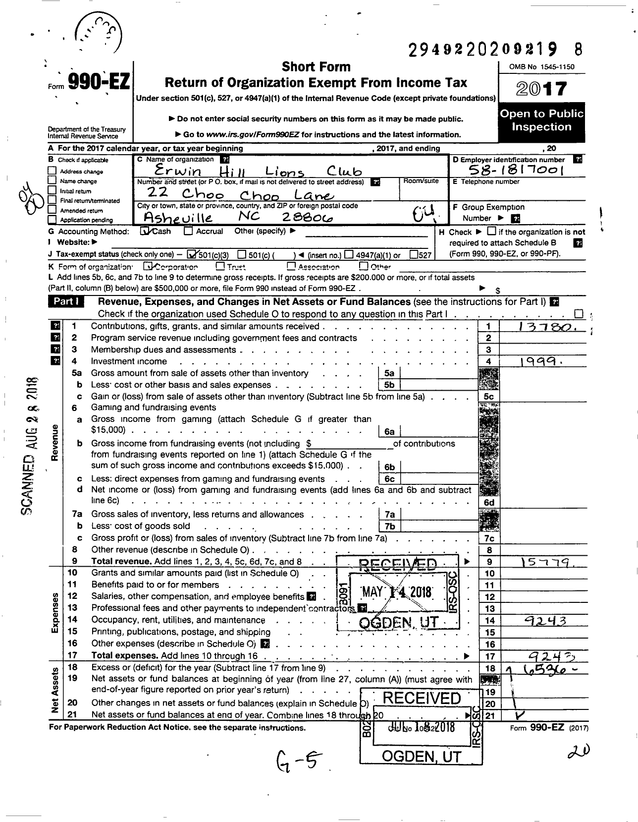 Image of first page of 2017 Form 990EO for Lions Clubs - 11325 Erwin District