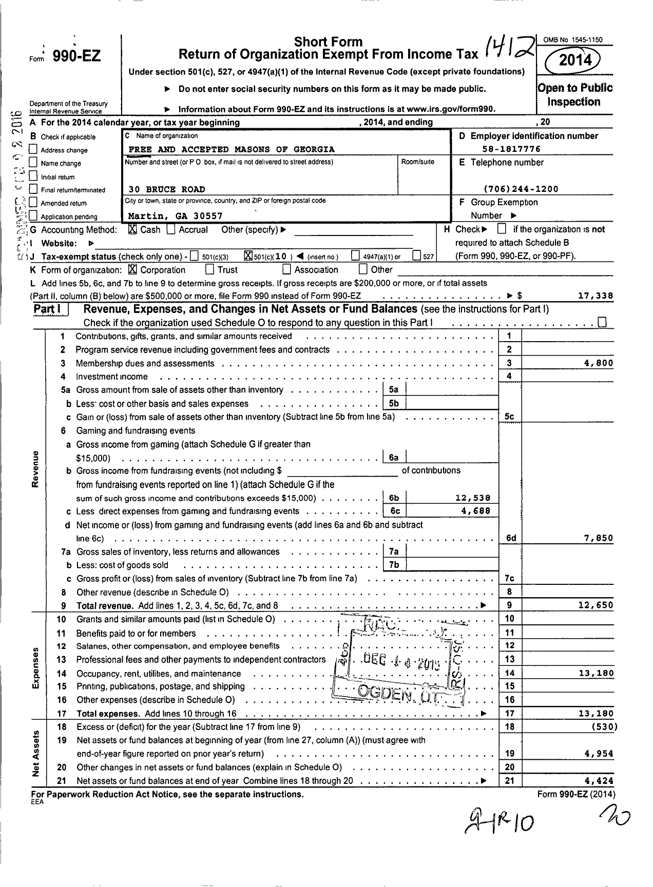 Image of first page of 2014 Form 990EO for Free & Accepted Masons of Georgia - 652 Grove