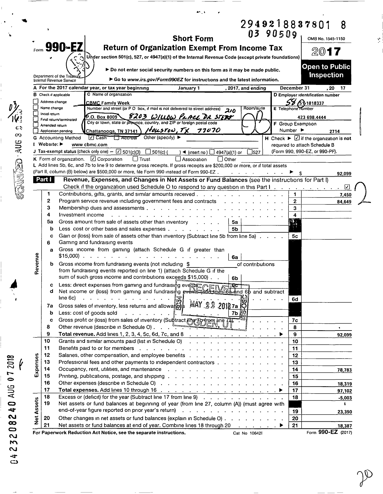 Image of first page of 2017 Form 990EZ for CBMC Family Week