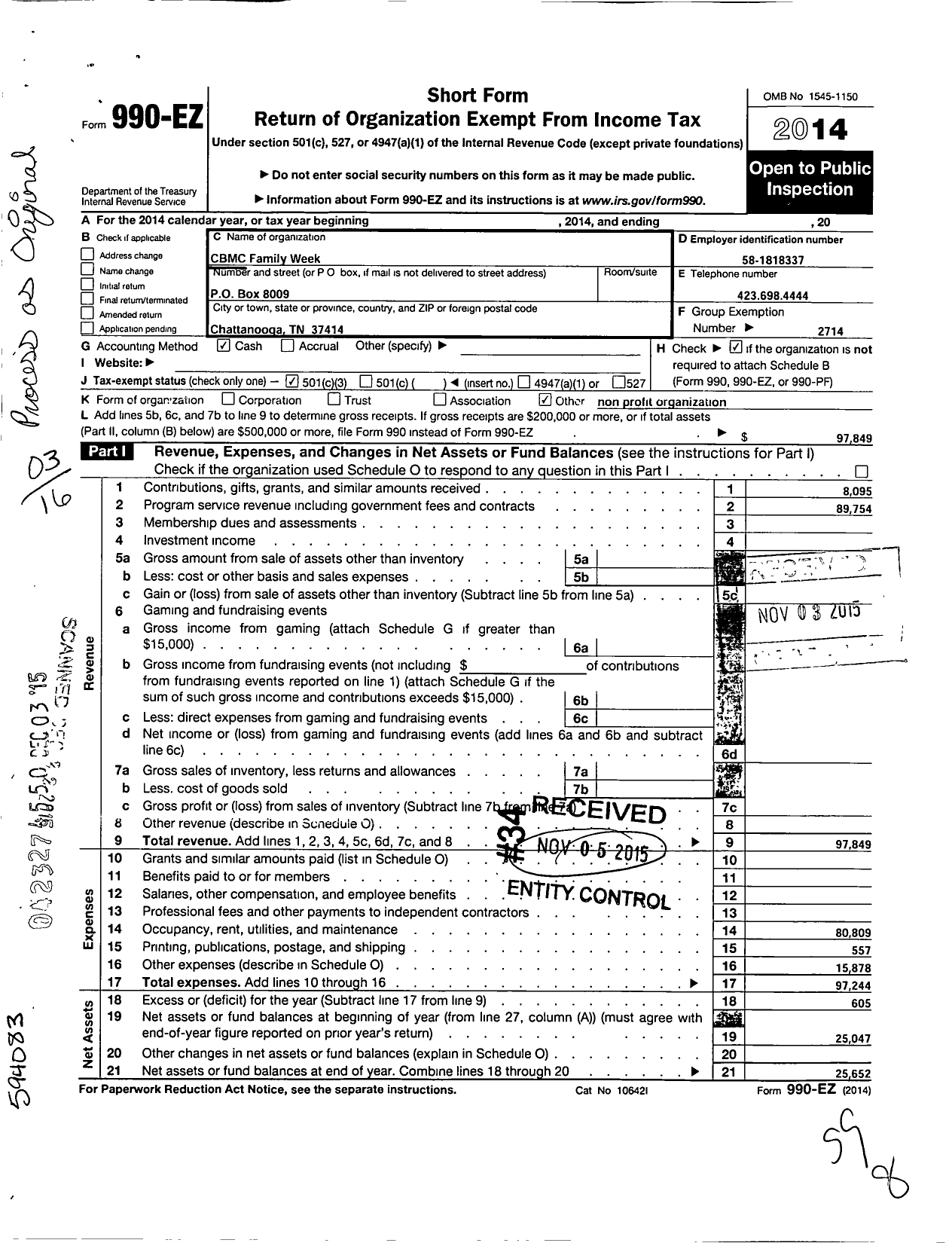 Image of first page of 2014 Form 990EZ for CBMC Family Week