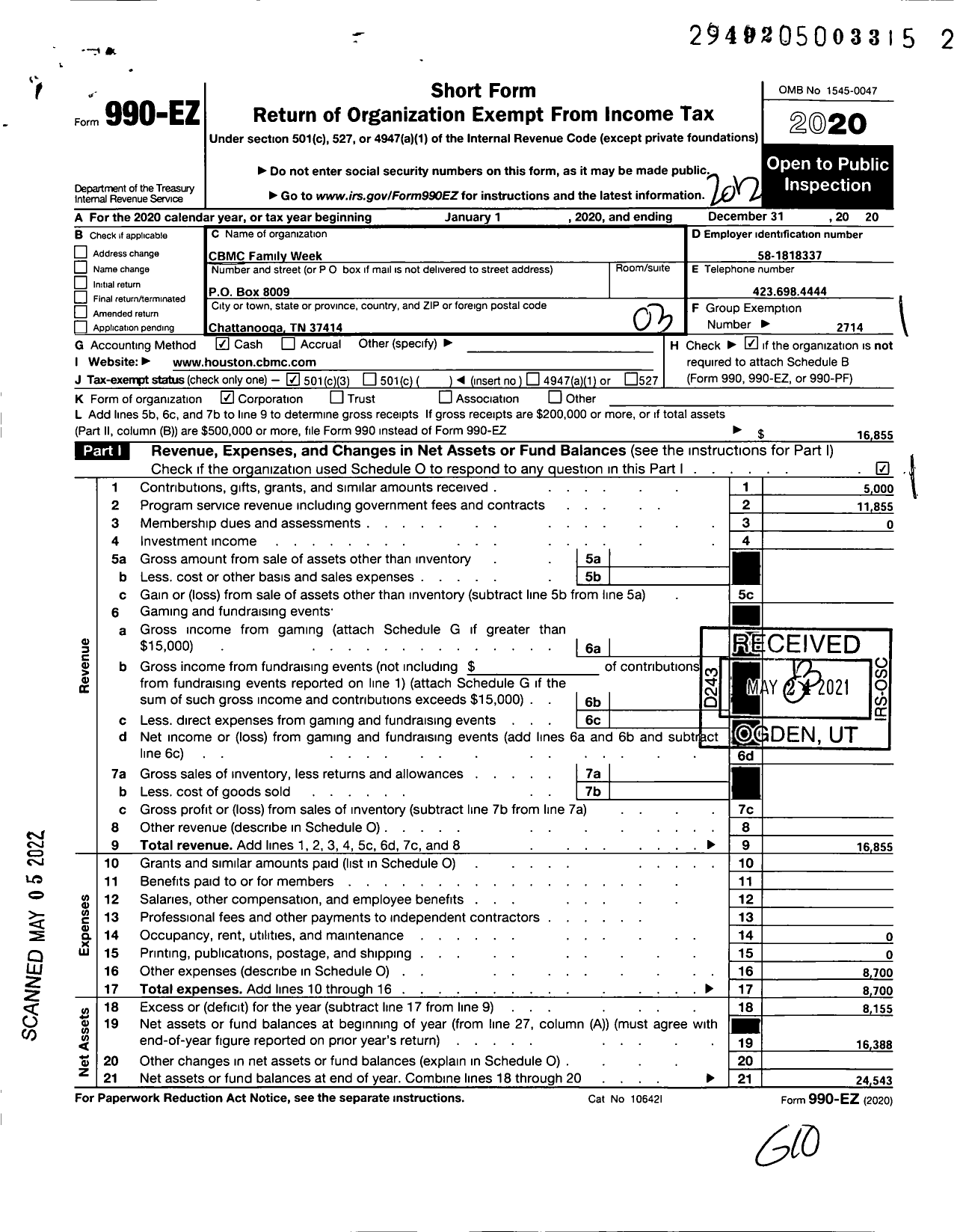 Image of first page of 2020 Form 990EZ for CBMC Family Week