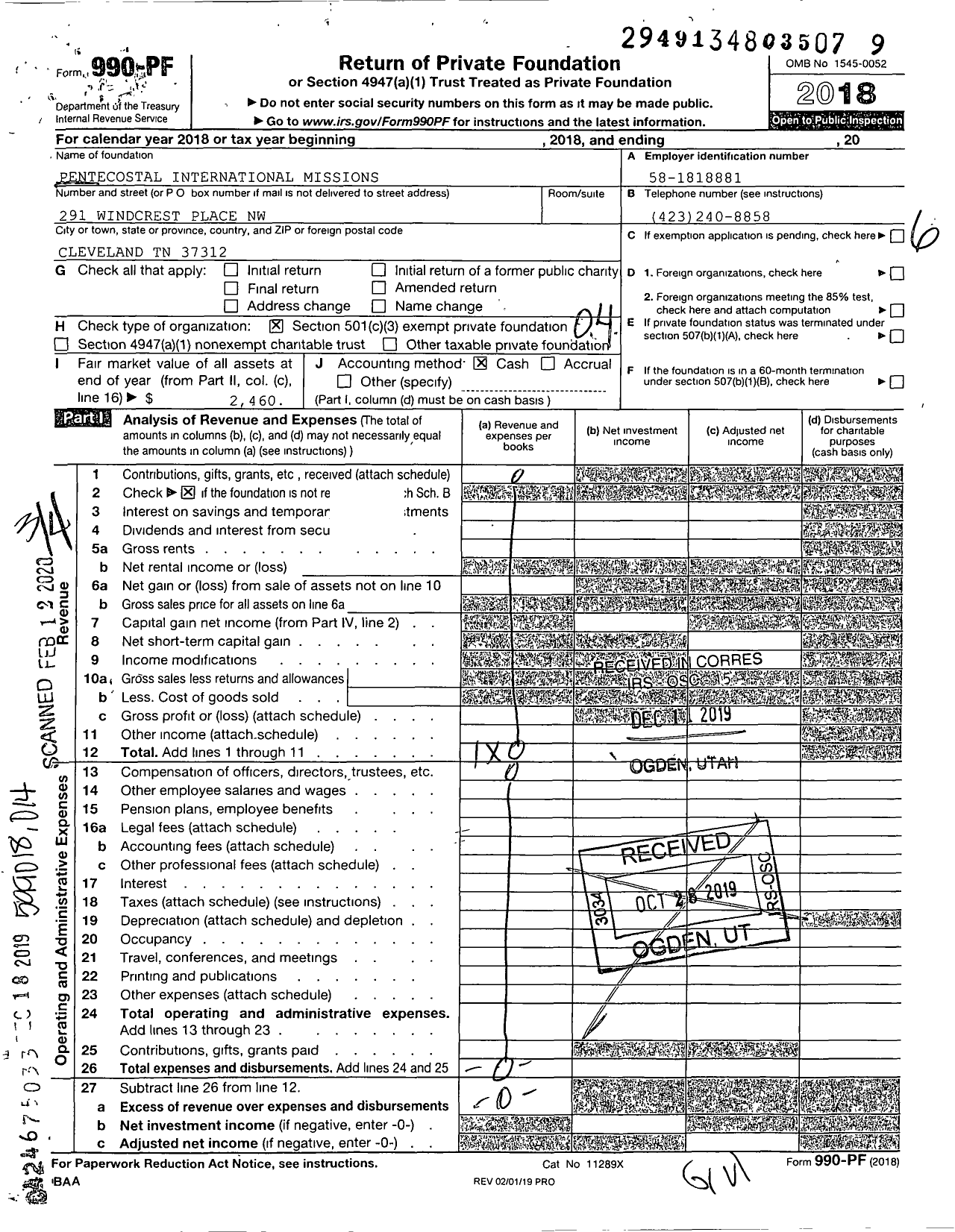 Image of first page of 2018 Form 990PF for Pentecostal International Missions