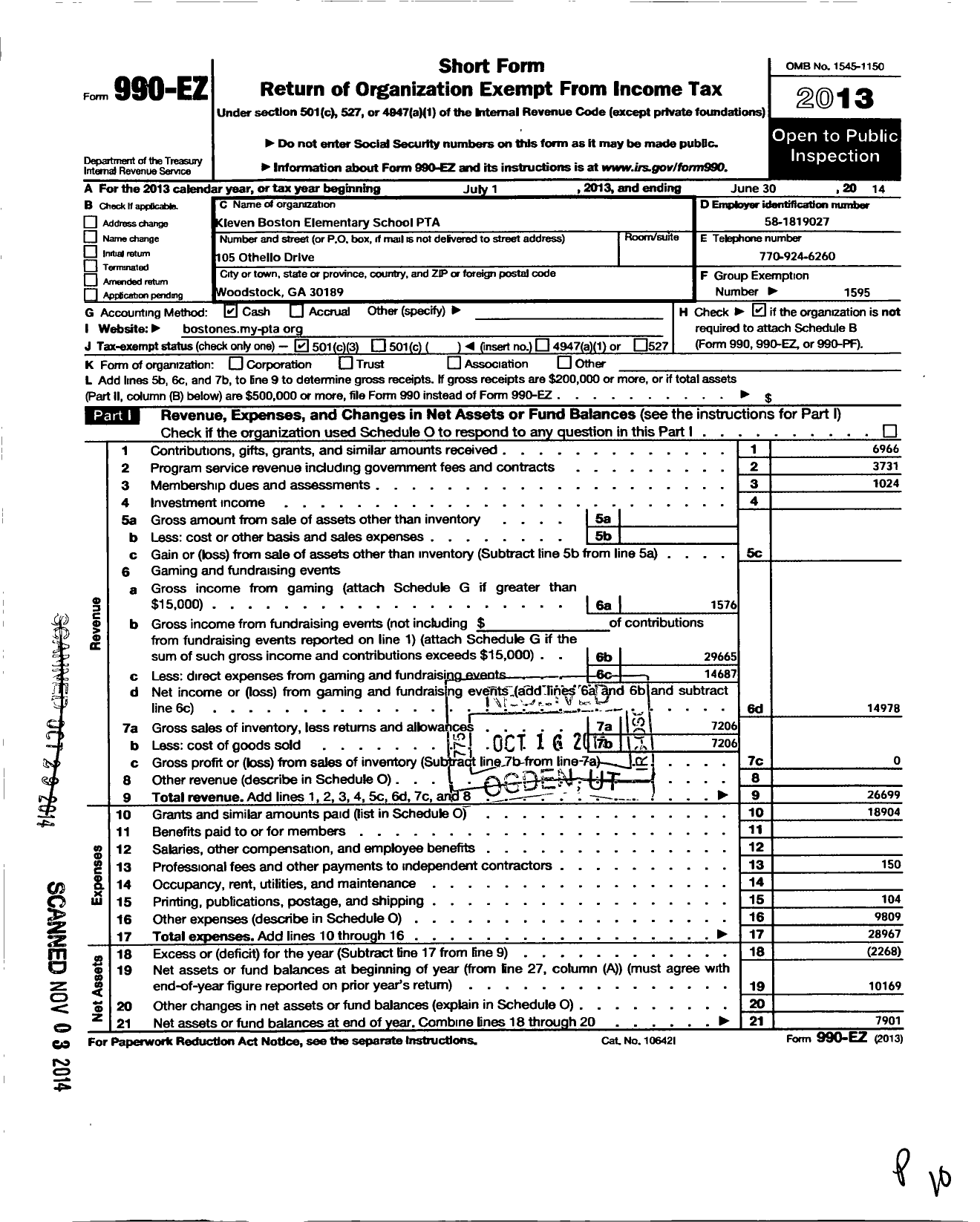 Image of first page of 2013 Form 990EZ for GEORGIA PTA - Kleven Boston Elementary School PTA