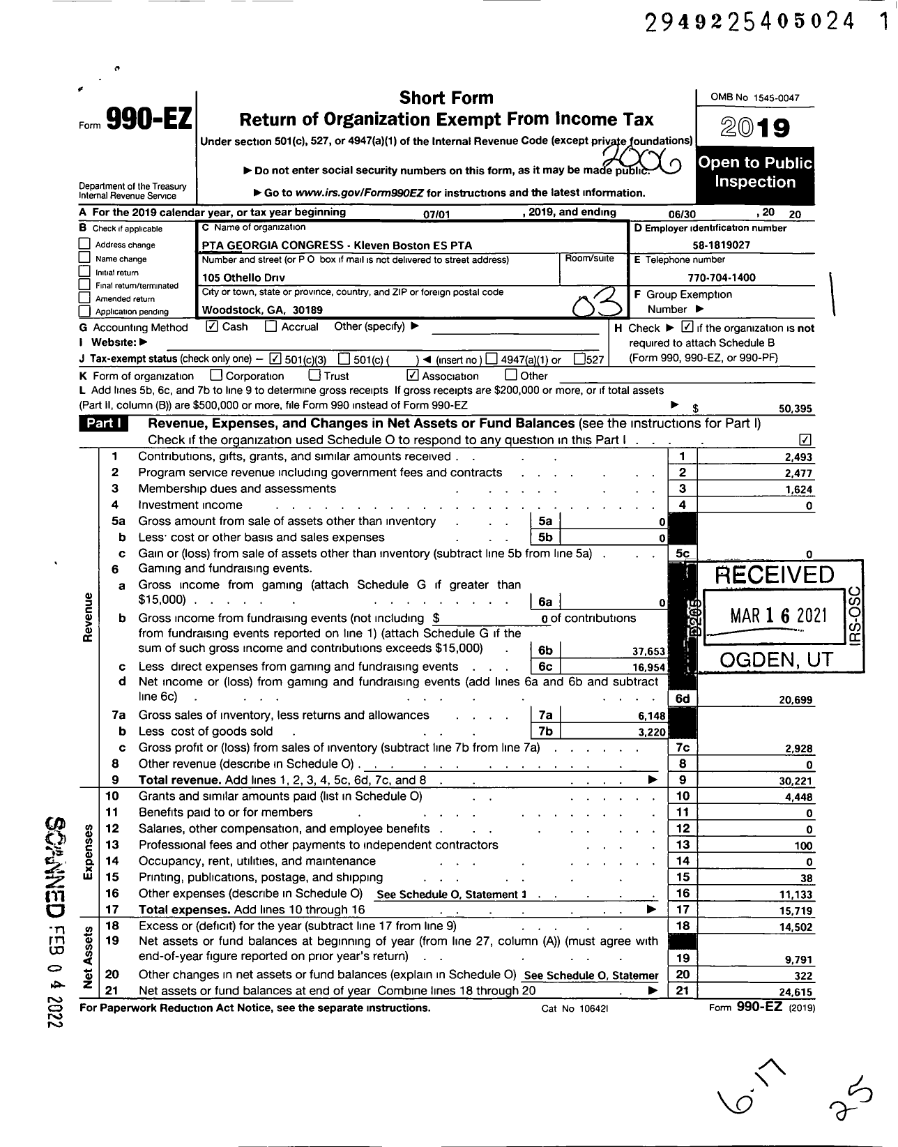 Image of first page of 2019 Form 990EZ for GEORGIA PTA - Kleven Boston Elementary School PTA