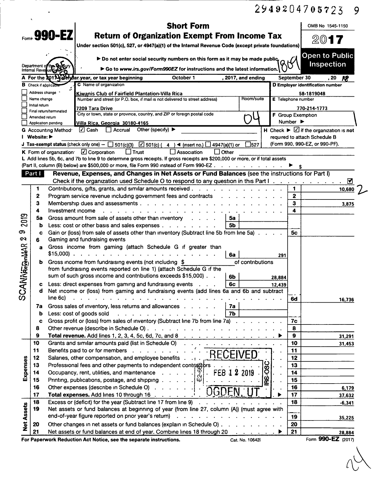 Image of first page of 2017 Form 990EO for Kiwanis International - K12432 Fairfield-Villa Rica Club