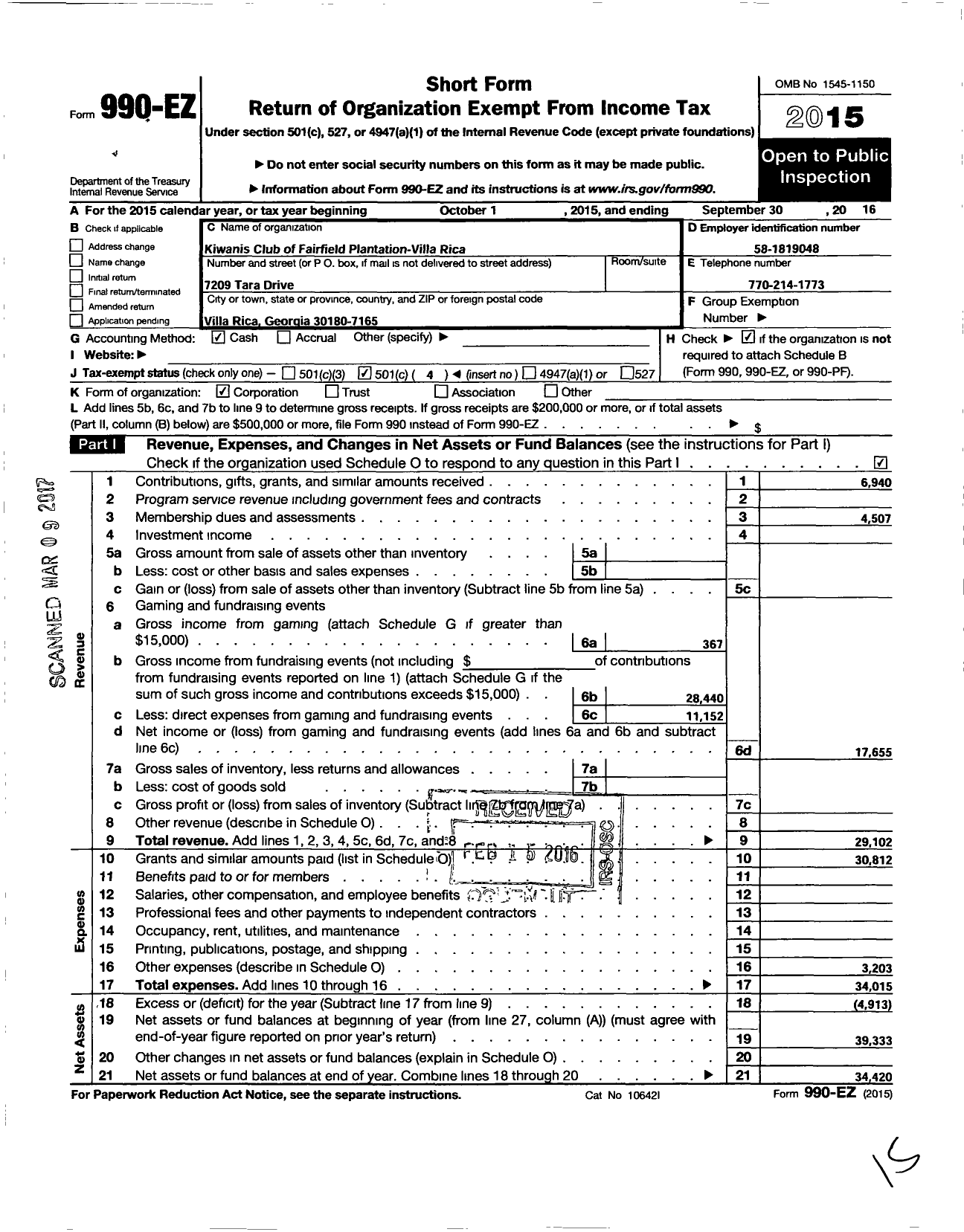 Image of first page of 2015 Form 990EO for Kiwanis International - K12432 Fairfield-Villa Rica Club