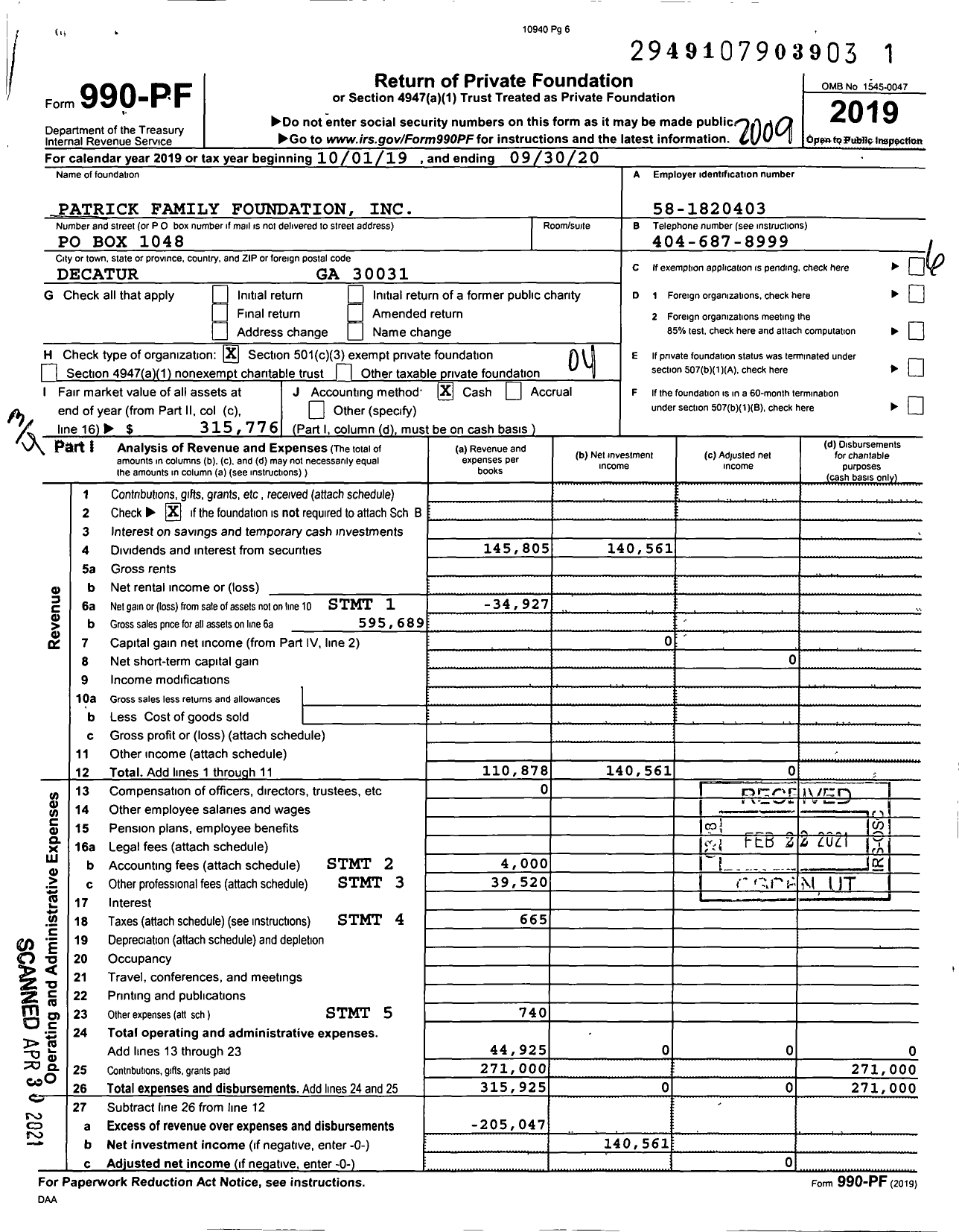 Image of first page of 2019 Form 990PF for Patrick Family Foundation