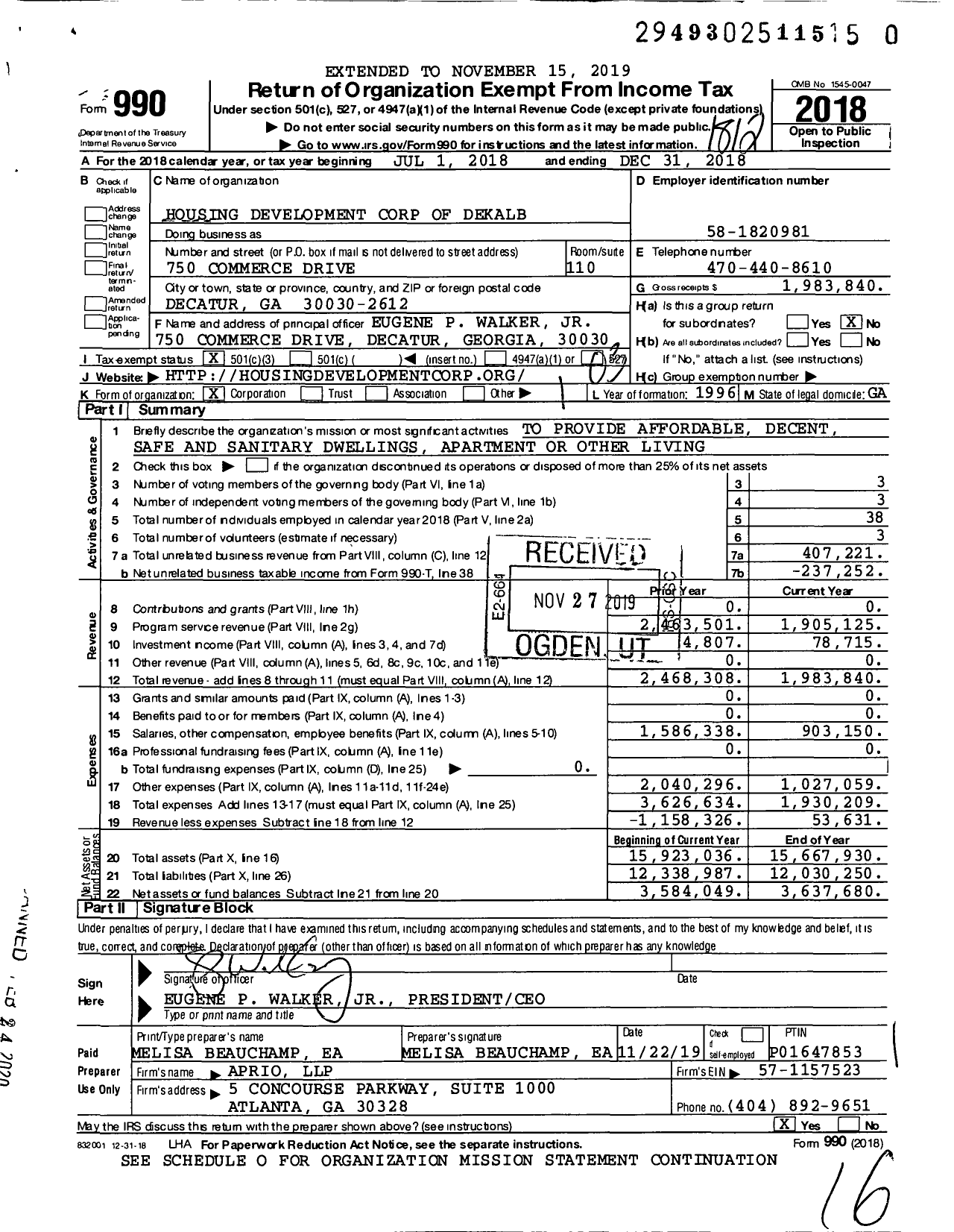 Image of first page of 2018 Form 990 for Housing Development Corporation of Dekalb (HDC)