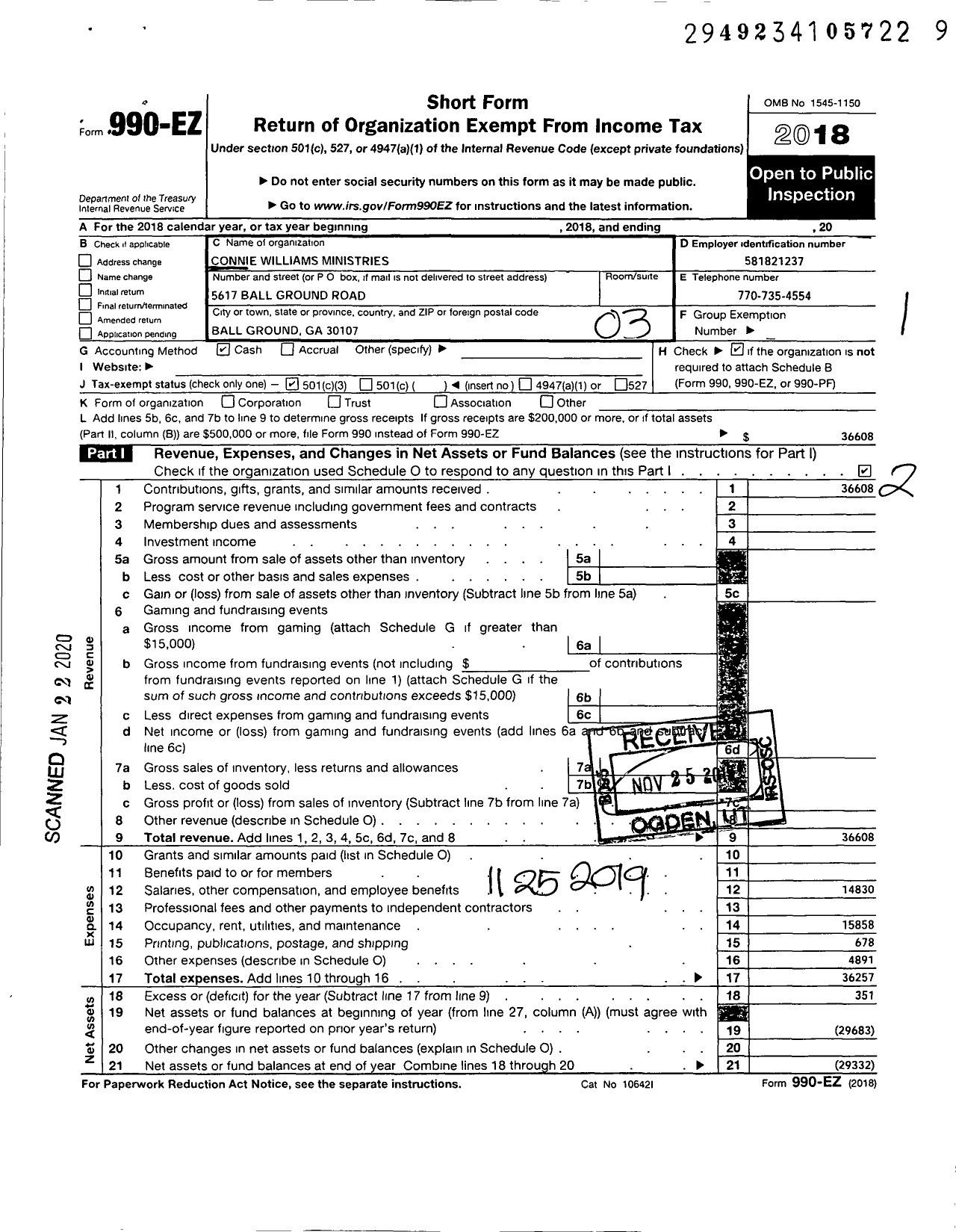 Image of first page of 2018 Form 990EZ for Connie Williams Ministries