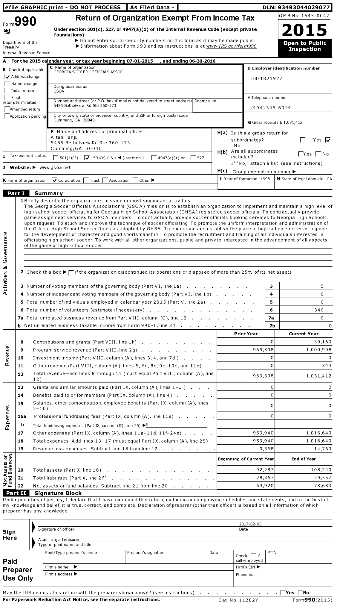 Image of first page of 2015 Form 990O for Georgia Soccer Officials Association (GSOA)