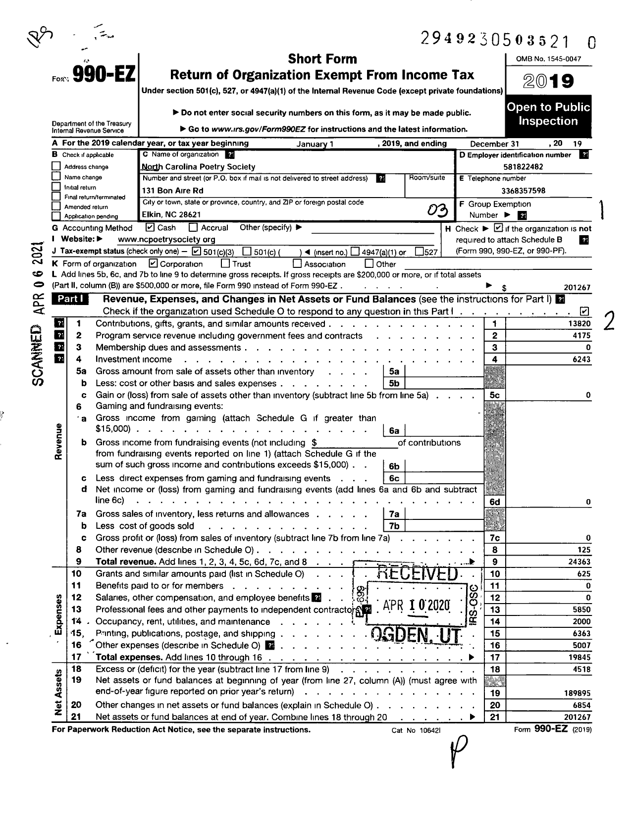 Image of first page of 2019 Form 990EZ for North Carolina Poetry Society