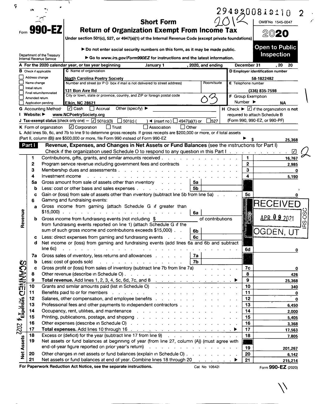 Image of first page of 2020 Form 990EZ for North Carolina Poetry Society