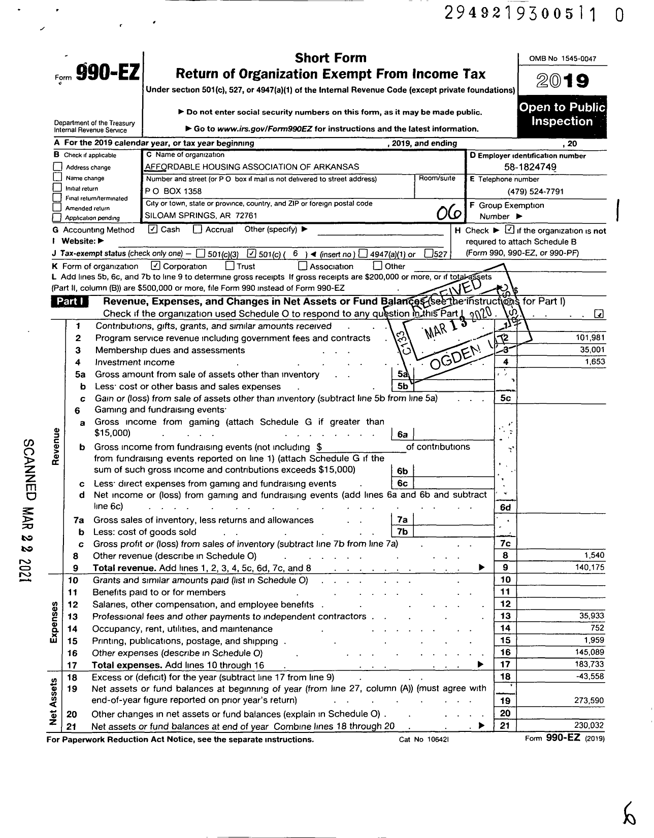 Image of first page of 2019 Form 990EO for Affordable Housing Association of Arkansas