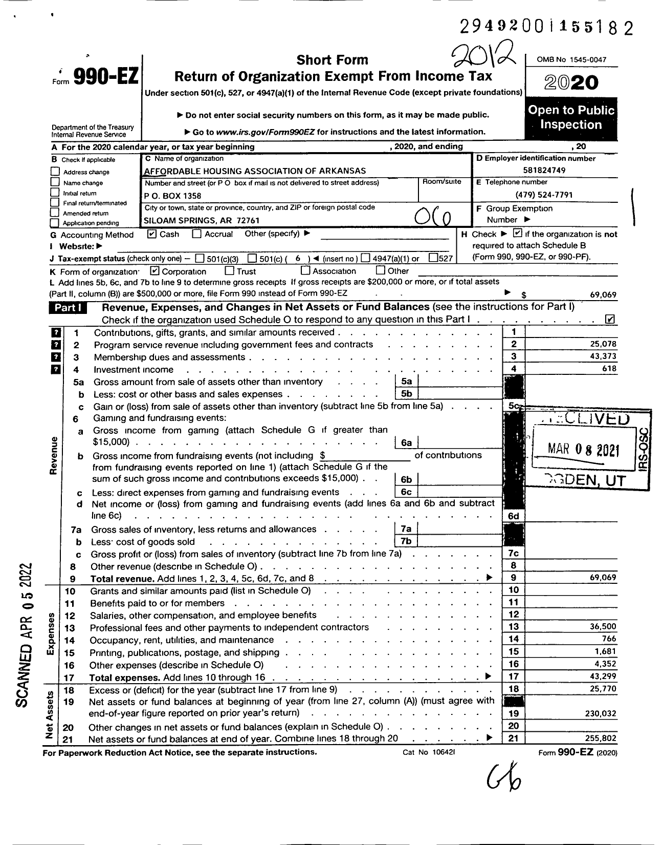 Image of first page of 2020 Form 990EO for Affordable Housing Association of Arkansas