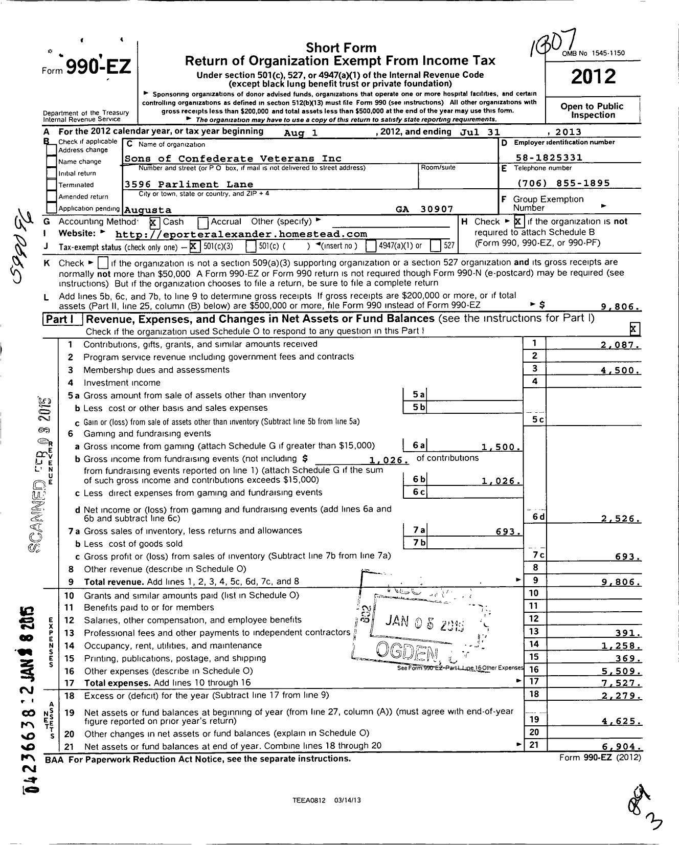 Image of first page of 2012 Form 990EZ for Sons of Confederate Veterans - 158 Brig Gen E Porter Alexander