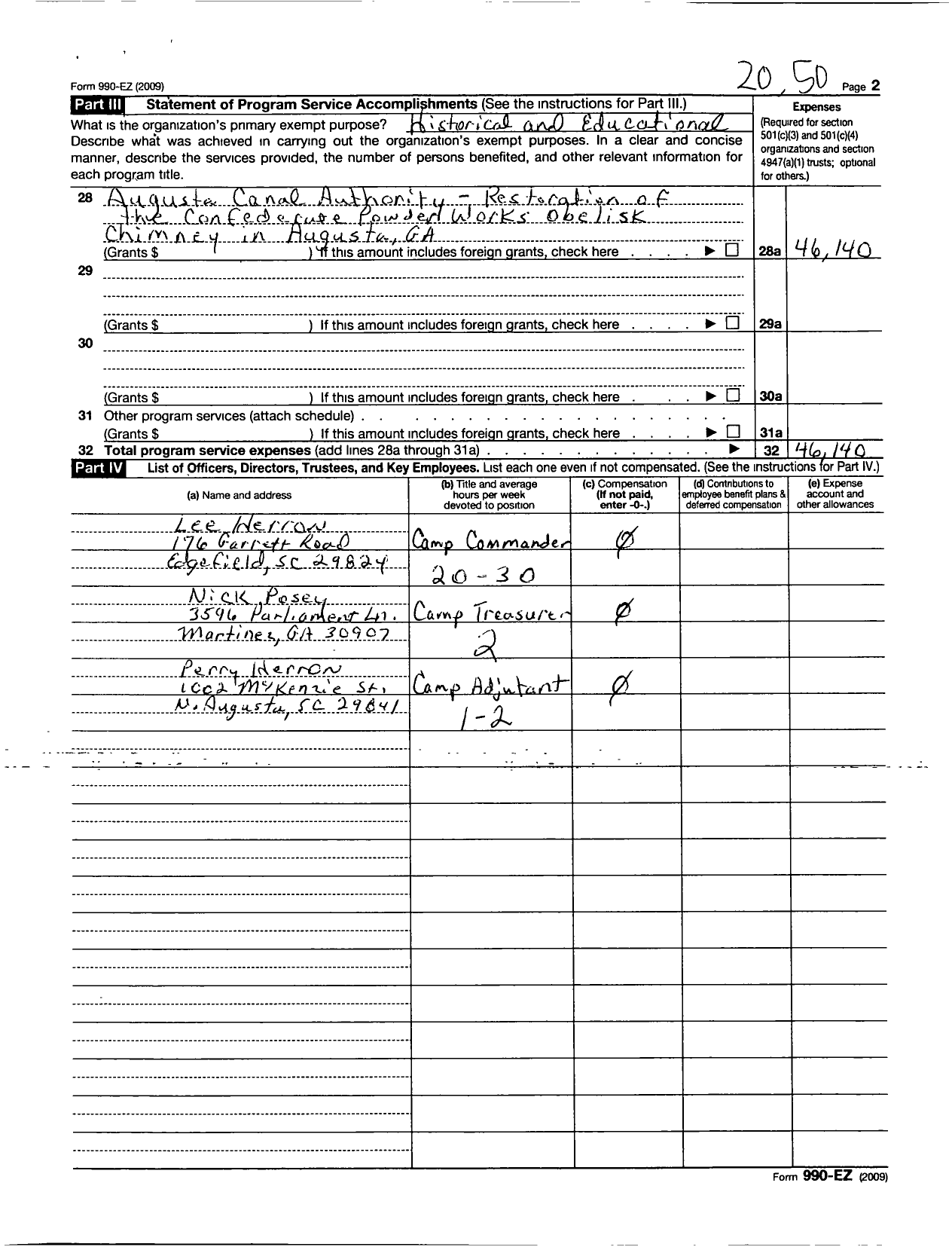 Image of first page of 2009 Form 990ER for Sons of Confederate Veterans - 158 Brig Gen E Porter Alexander