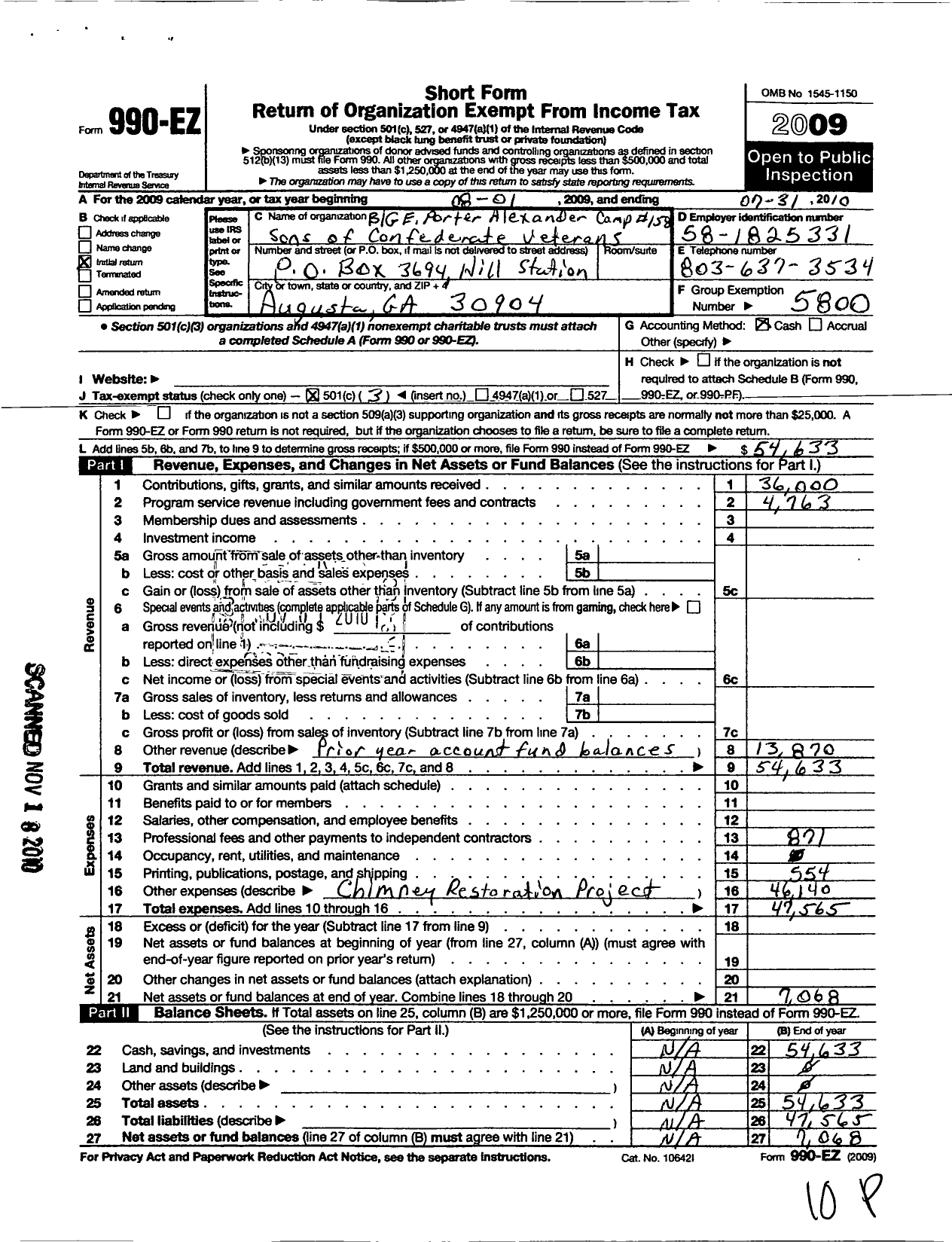 Image of first page of 2009 Form 990EZ for Sons of Confederate Veterans - 158 Brig Gen E Porter Alexander