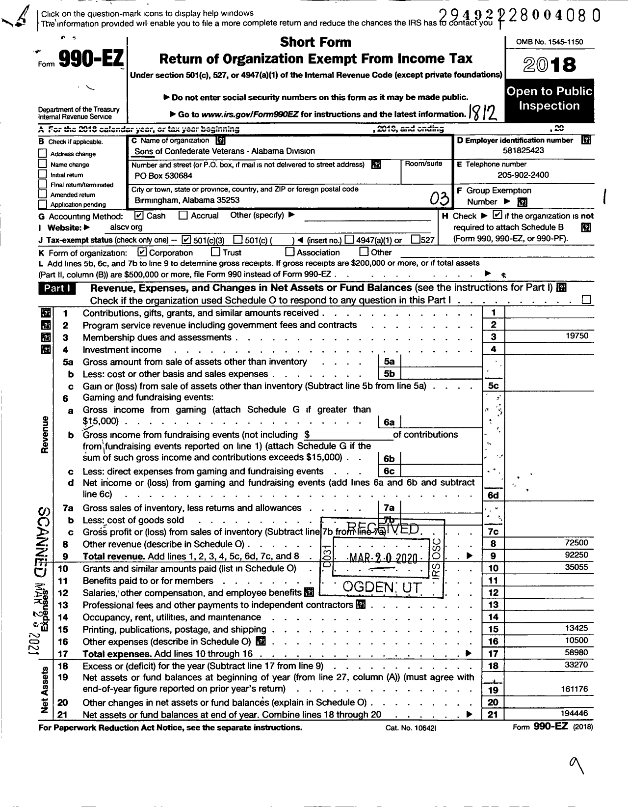 Image of first page of 2018 Form 990EZ for SONS OF CONFEDERATE VETERANS - Alabama Division