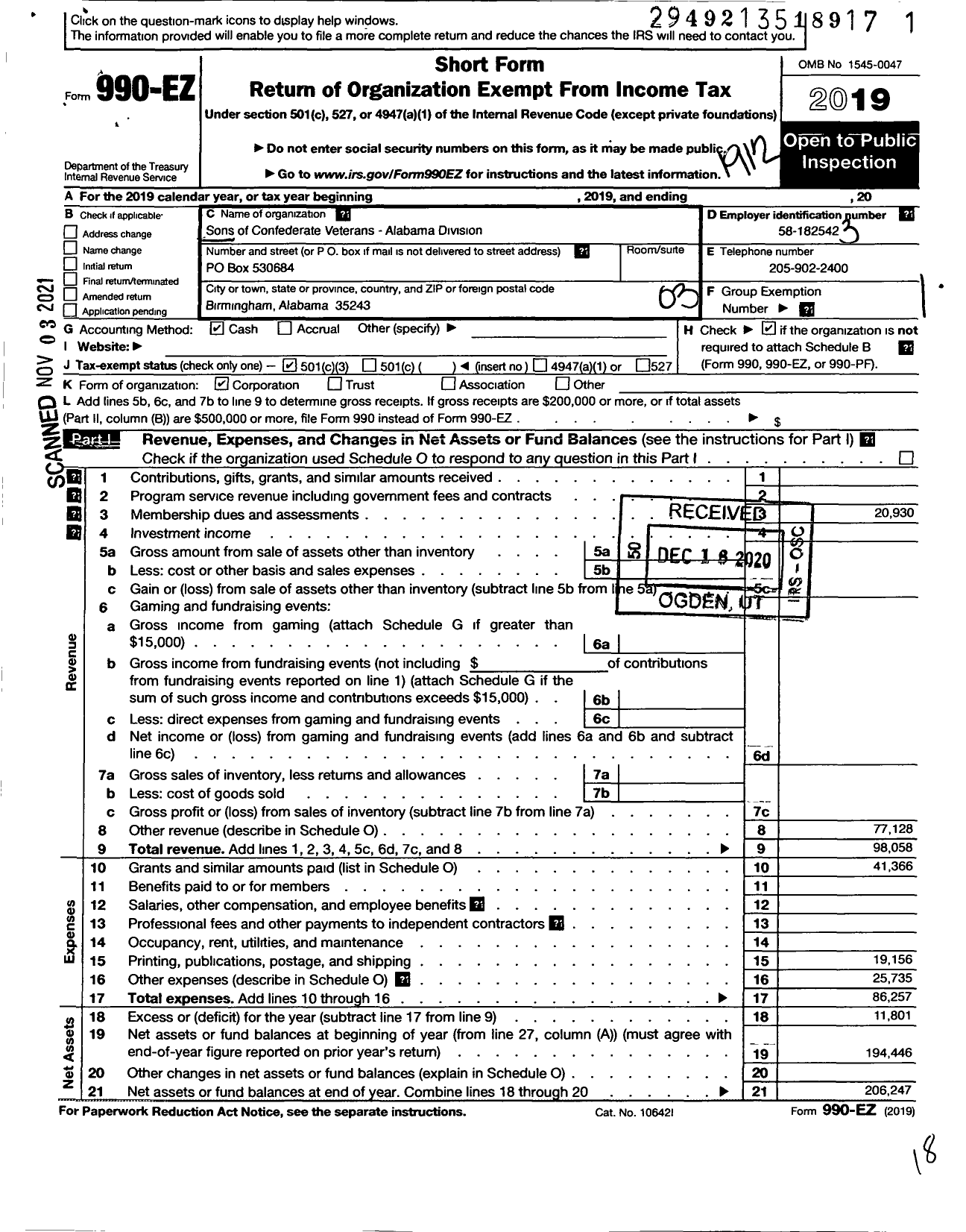 Image of first page of 2019 Form 990EZ for SONS OF CONFEDERATE VETERANS - Alabama Division