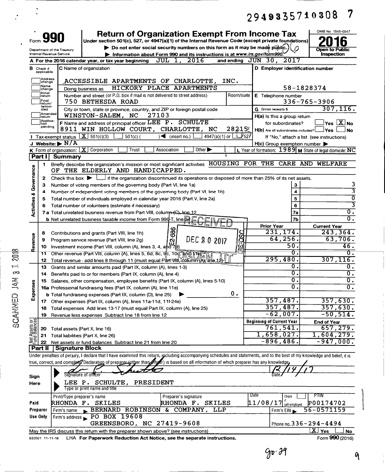 Image of first page of 2016 Form 990 for Accessible Apartments of Charlotte
