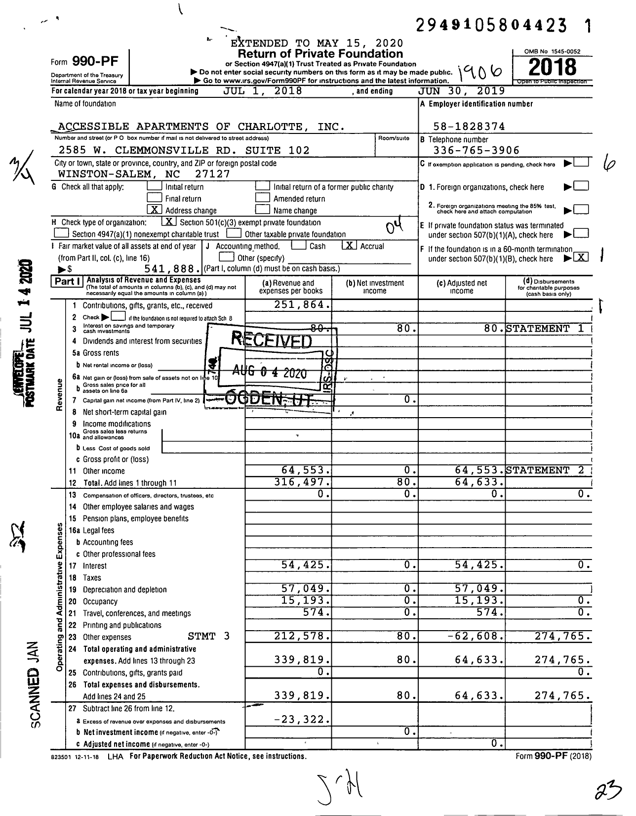 Image of first page of 2018 Form 990PF for Accessible Apartments of Charlotte