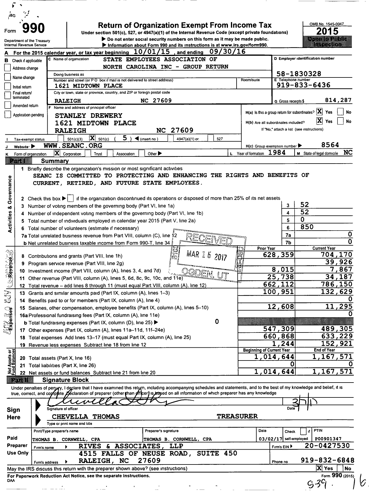 Image of first page of 2015 Form 990O for State Employees Association of North Carolina Inc - Group Return