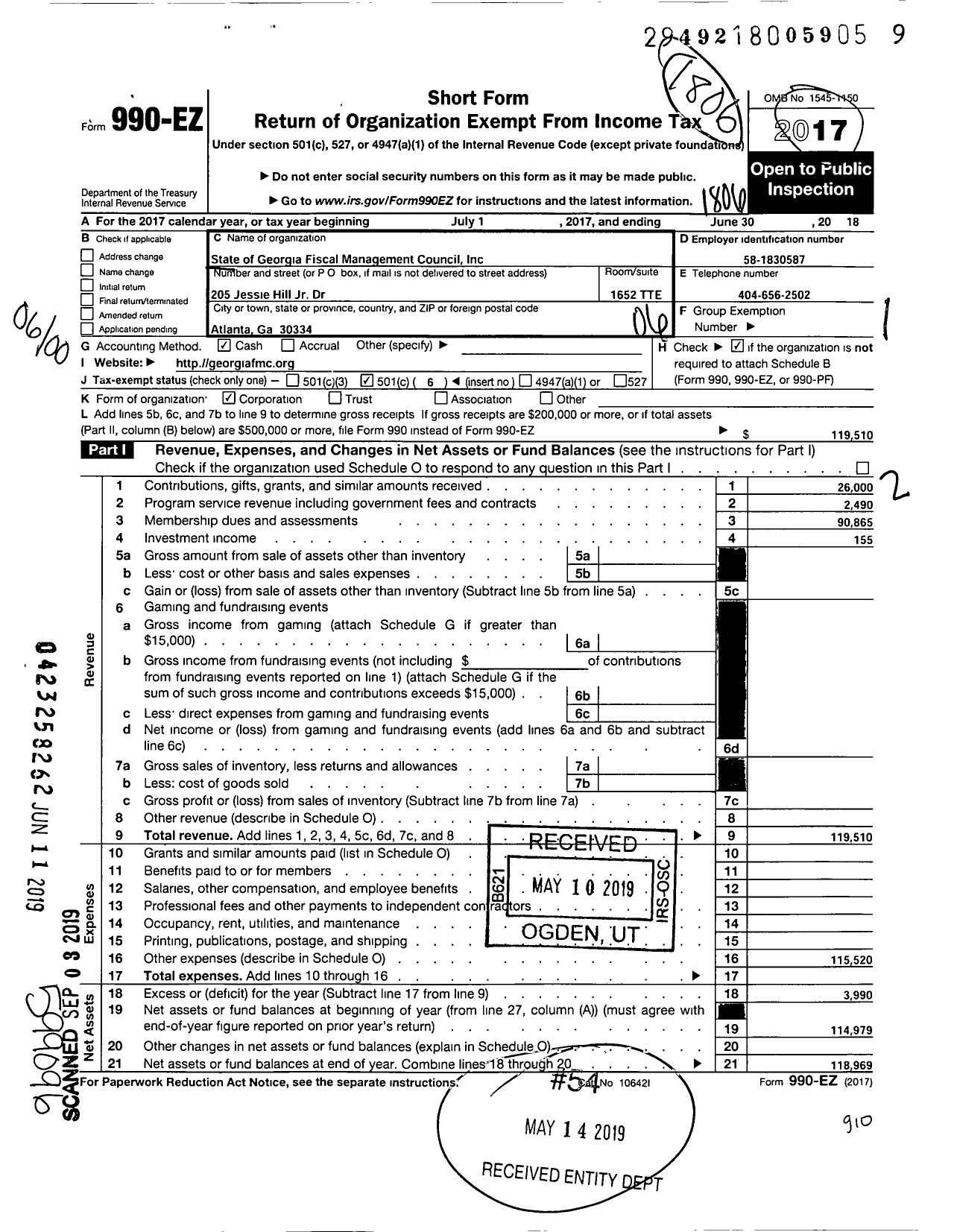 Image of first page of 2017 Form 990EO for State of Georgia Fiscal Management Council