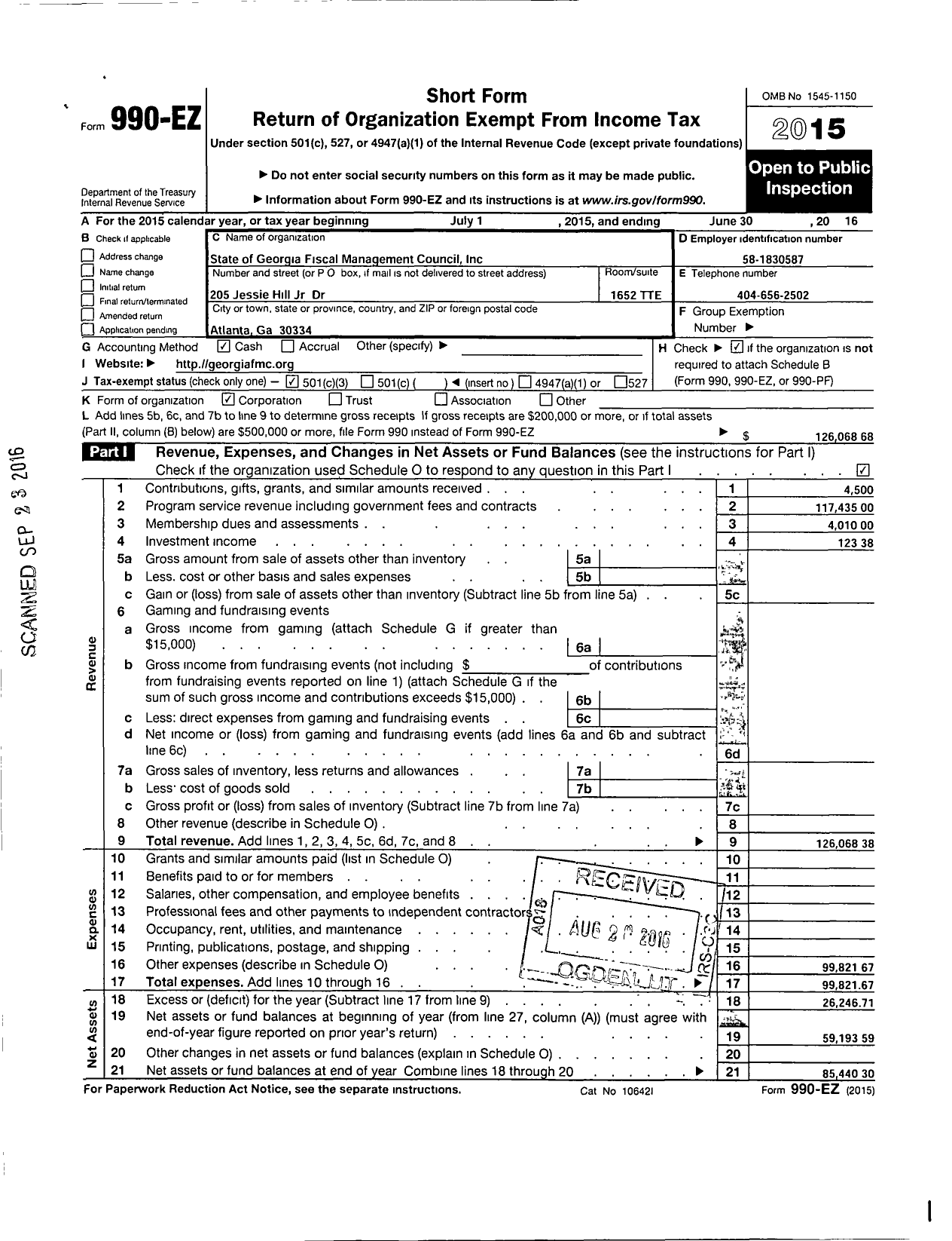 Image of first page of 2015 Form 990EZ for State of Georgia Fiscal Management Council