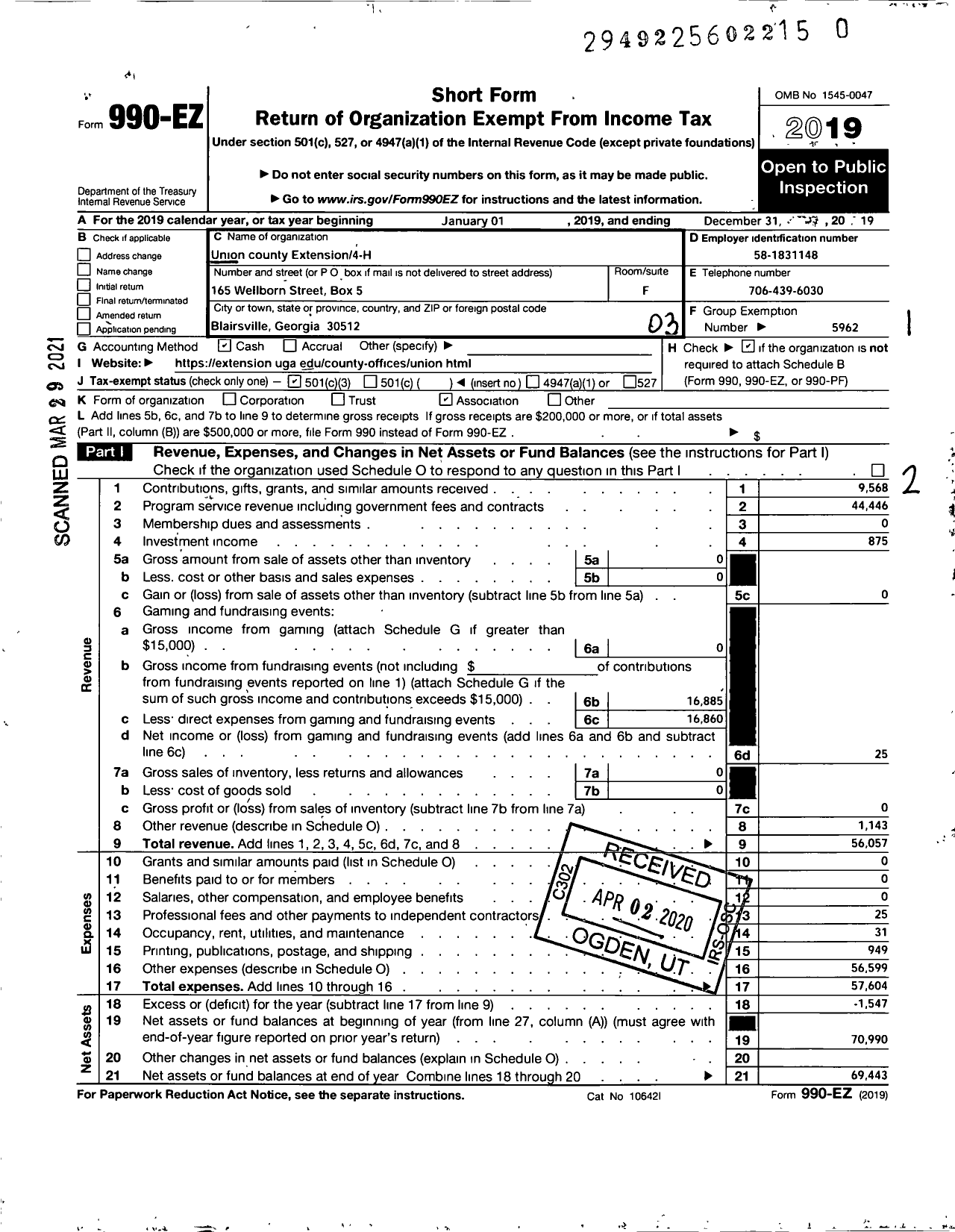 Image of first page of 2019 Form 990EZ for GEORGIA Extension 4-H FOUNDATION Union County Extension / 4-H