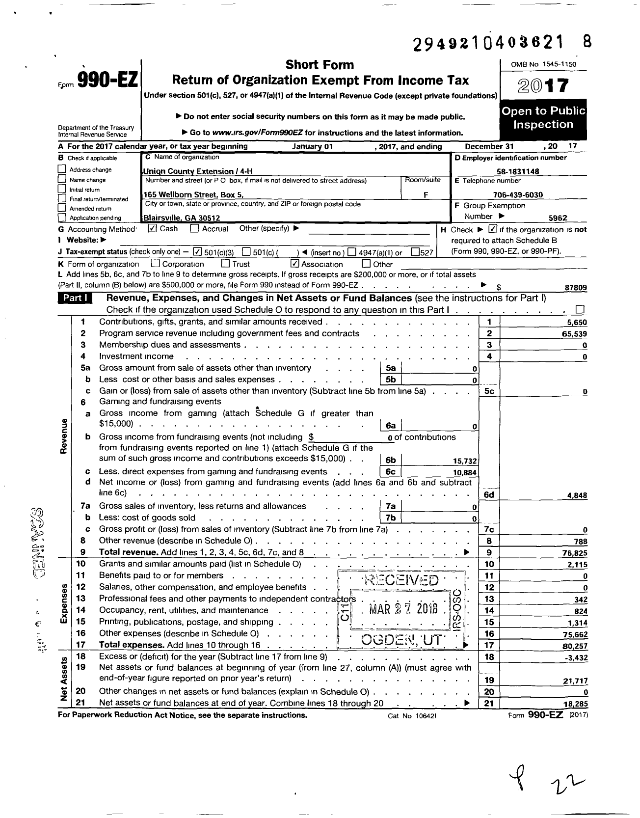 Image of first page of 2017 Form 990EZ for GEORGIA Extension 4-H FOUNDATION Union County Extension / 4-H