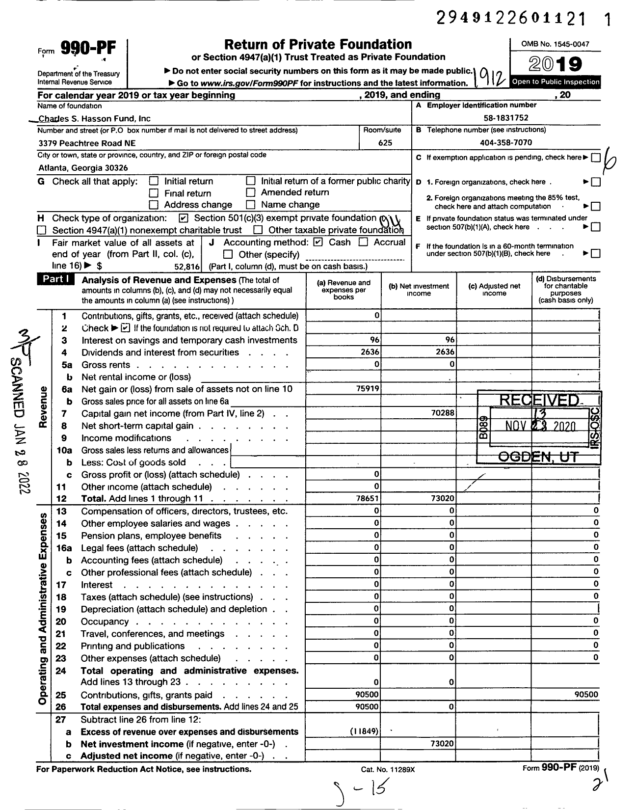 Image of first page of 2019 Form 990PF for The Charles S Hasson Fund