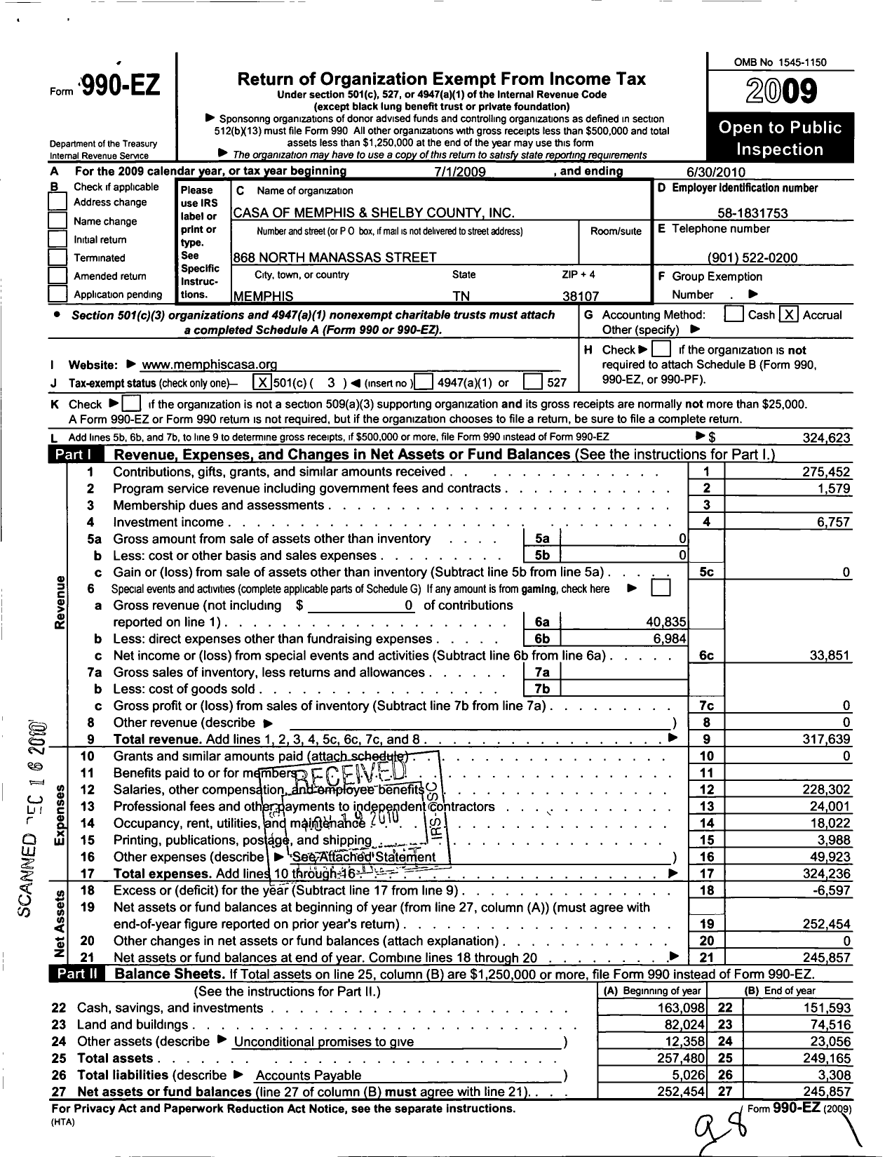 Image of first page of 2009 Form 990EZ for Casa of Memphis and Shelby County