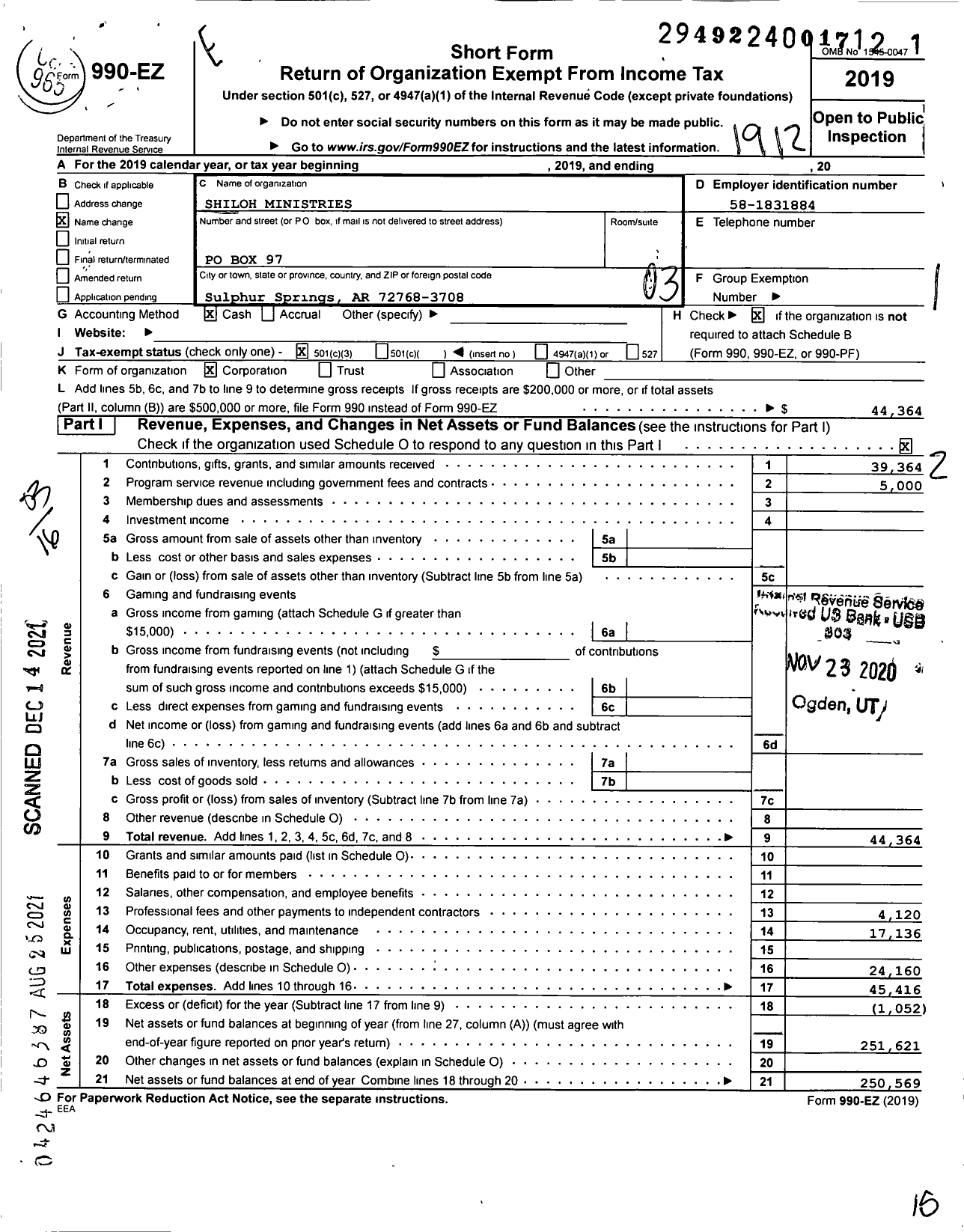 Image of first page of 2019 Form 990EZ for Shiloh Ministries