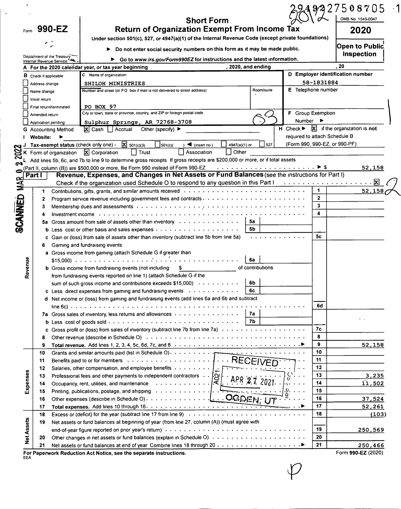 Image of first page of 2020 Form 990EZ for Shiloh Ministries