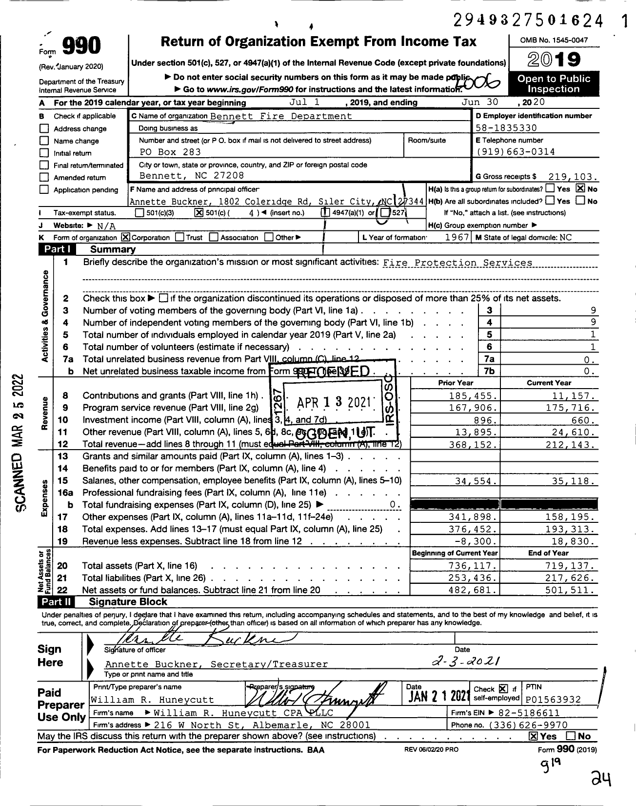 Image of first page of 2019 Form 990O for Bennett Fire Department