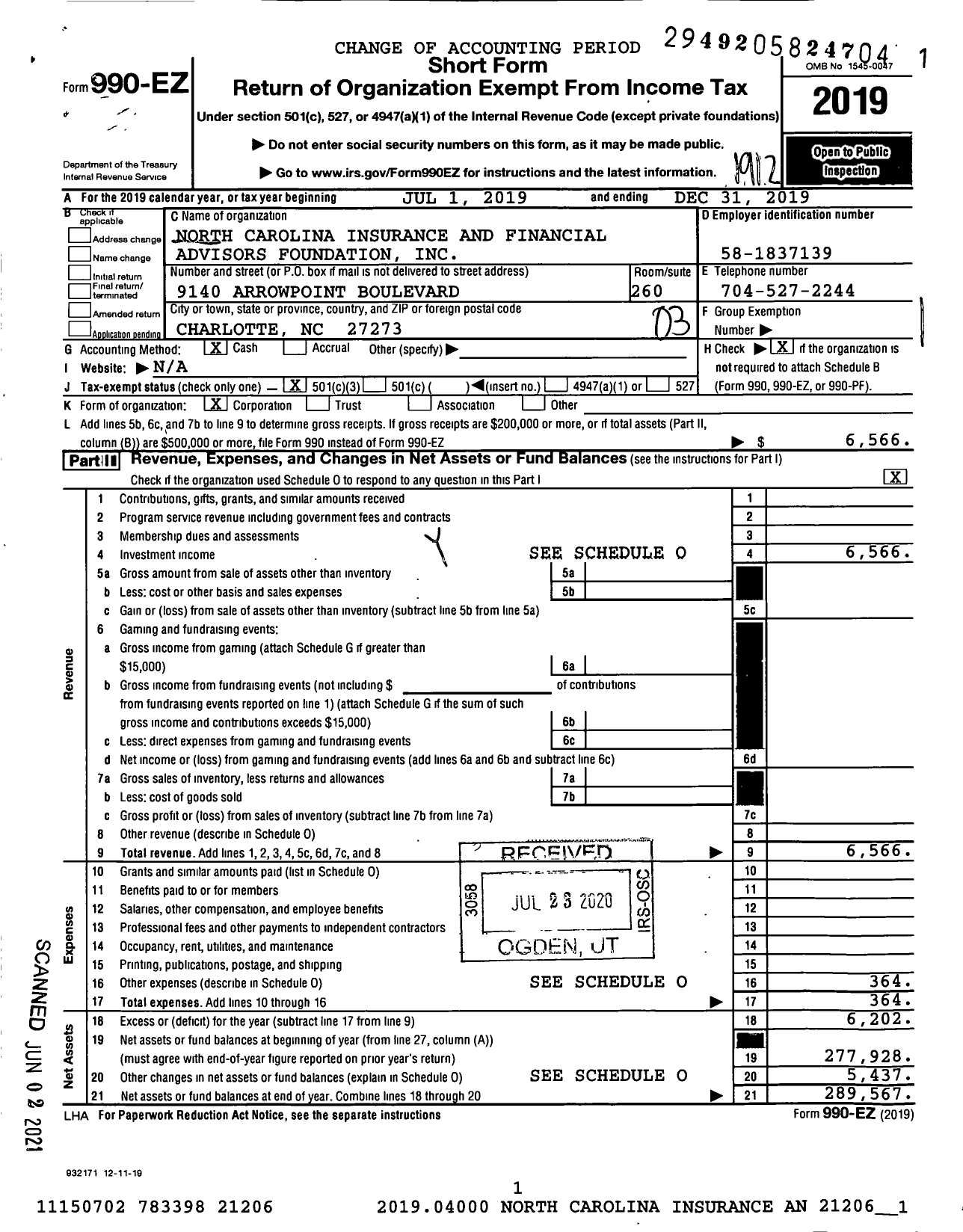 Image of first page of 2019 Form 990EZ for North Carolina Insurance and Financial Advisors Foundation