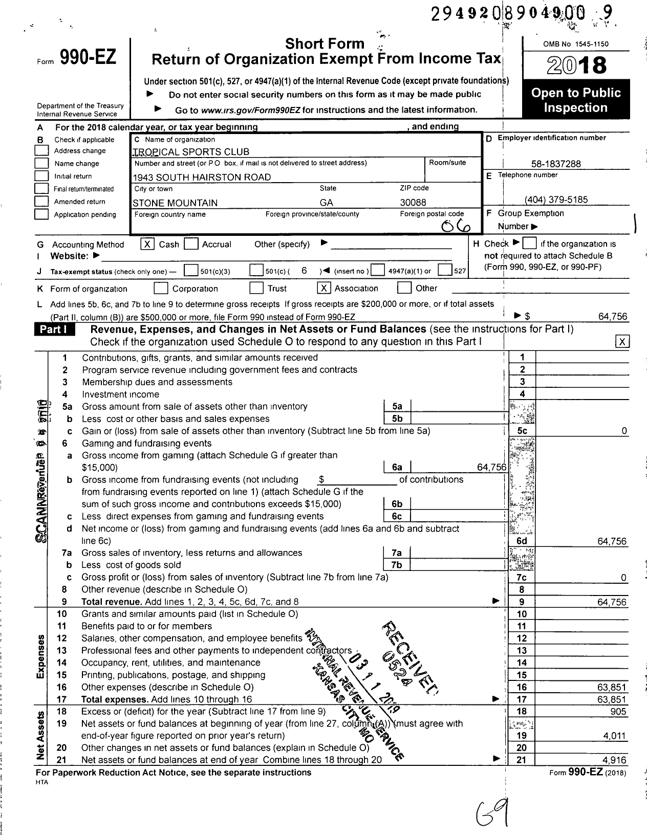 Image of first page of 2018 Form 990EO for Tropical Sports Club