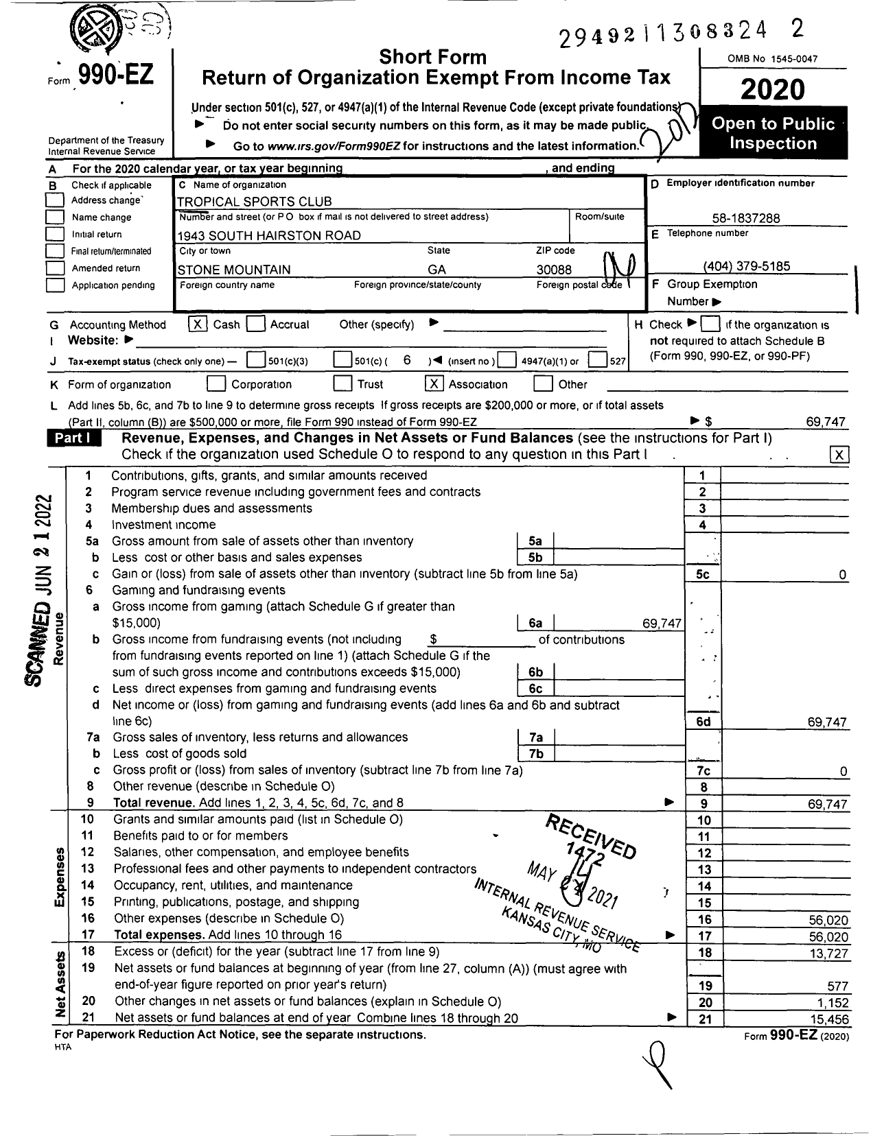 Image of first page of 2020 Form 990EO for Tropical Sports Club